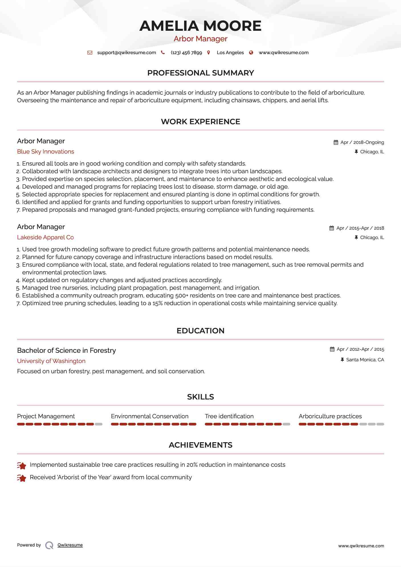Arbor Manager Resume Model