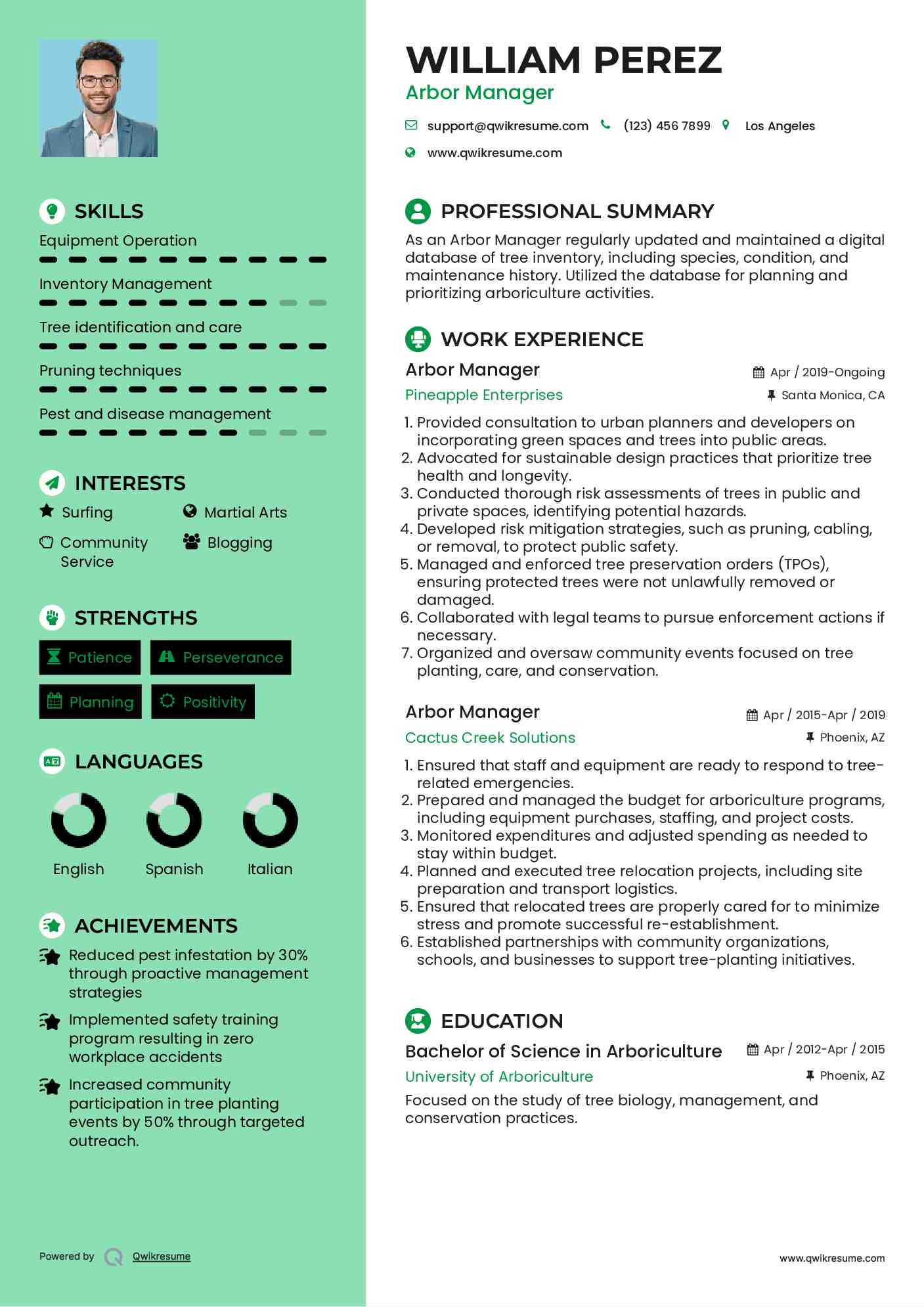 Arbor Manager Resume Example