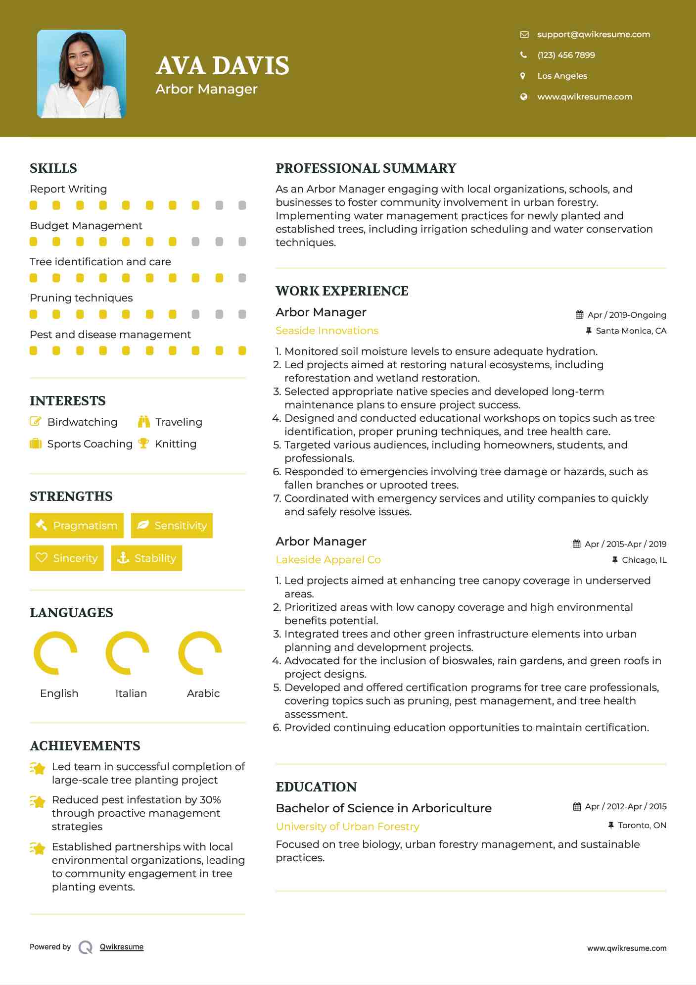 Arbor Manager Resume Format