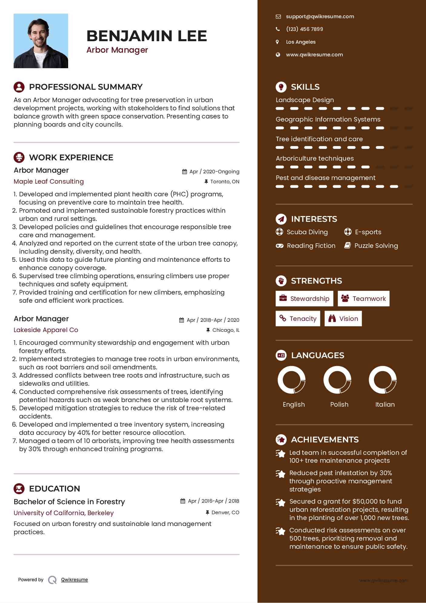 Arbor Manager Resume Format