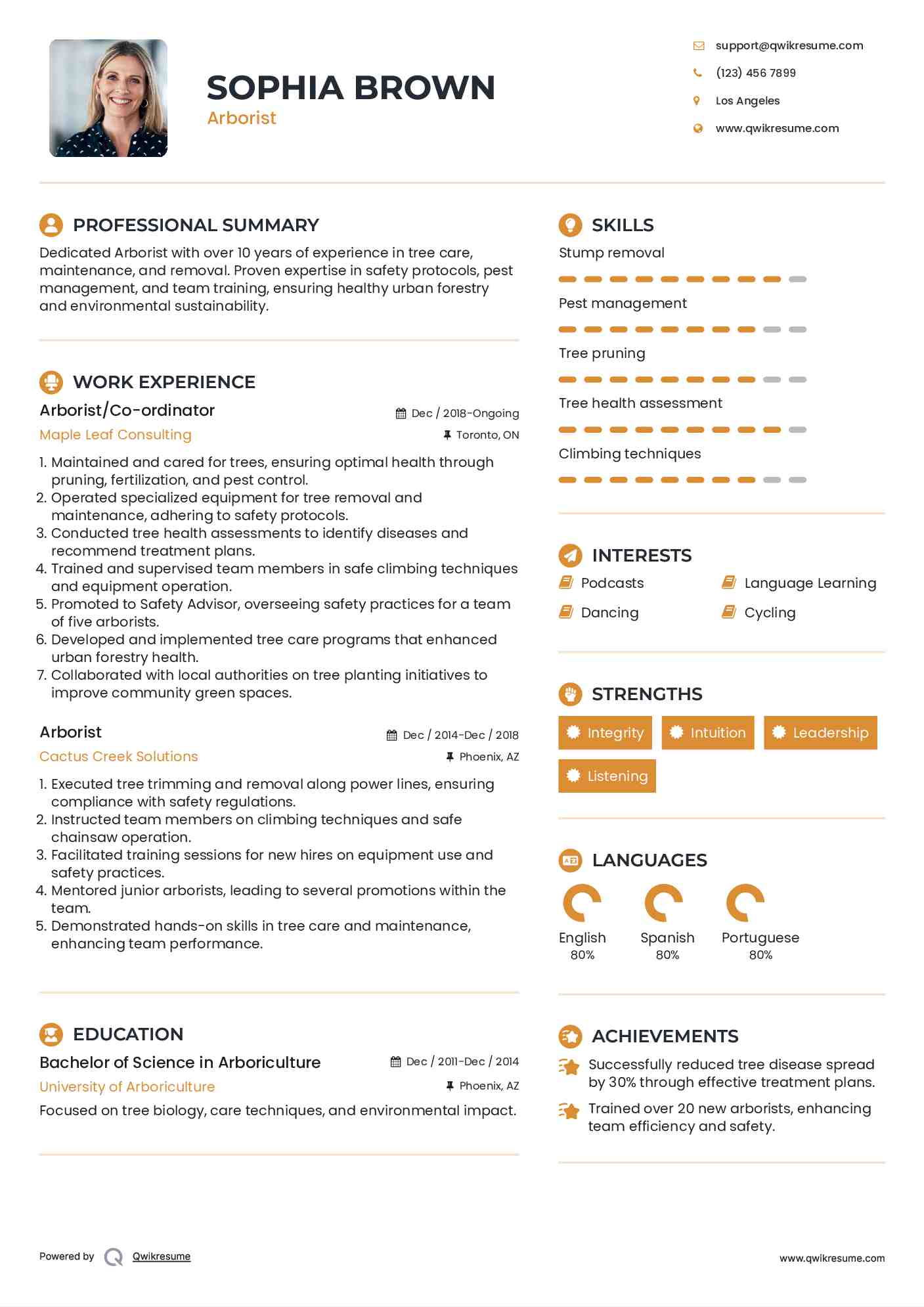 Arborist/Co-ordinator Resume Example