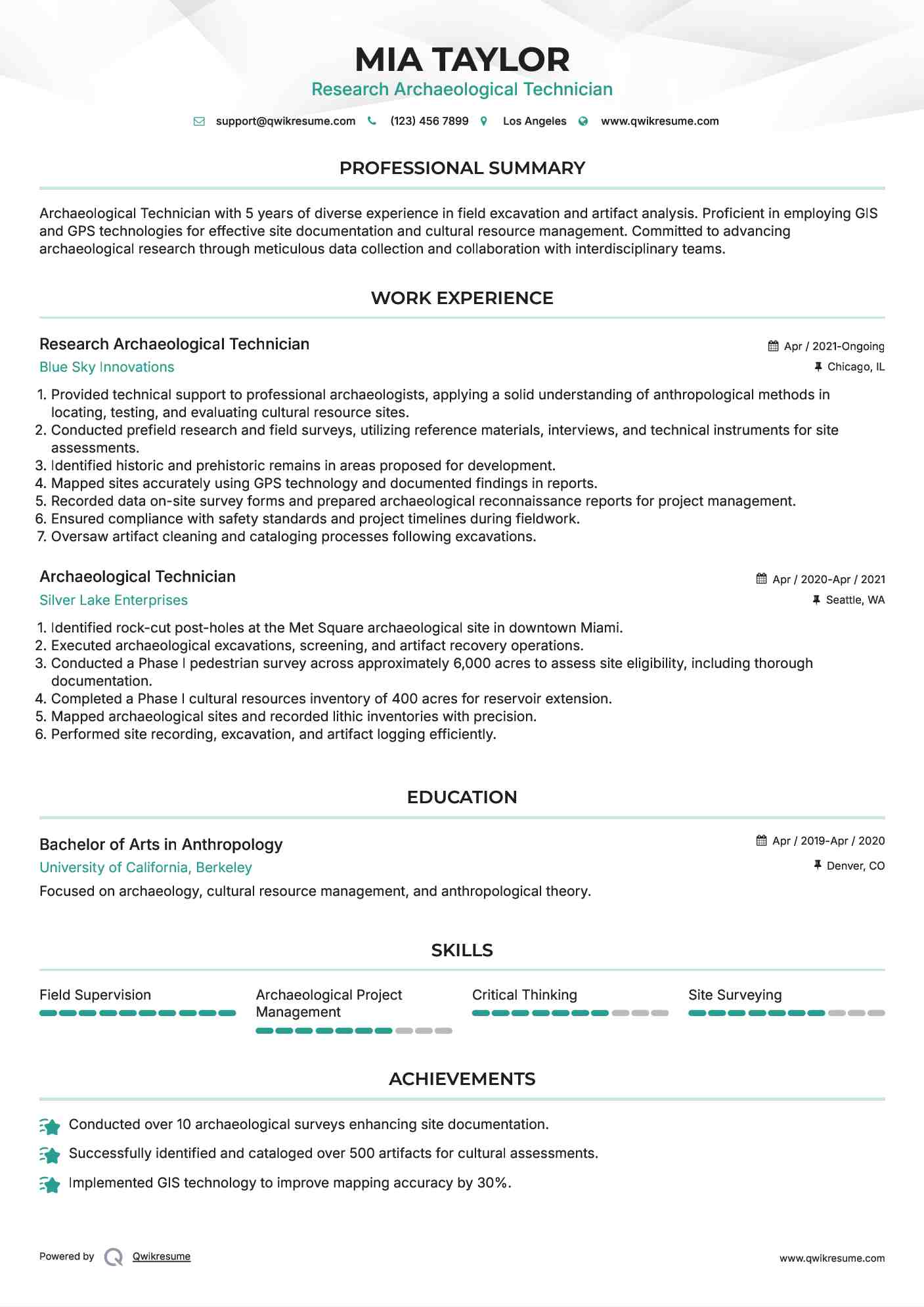 Research Archaeological Technician Resume Template