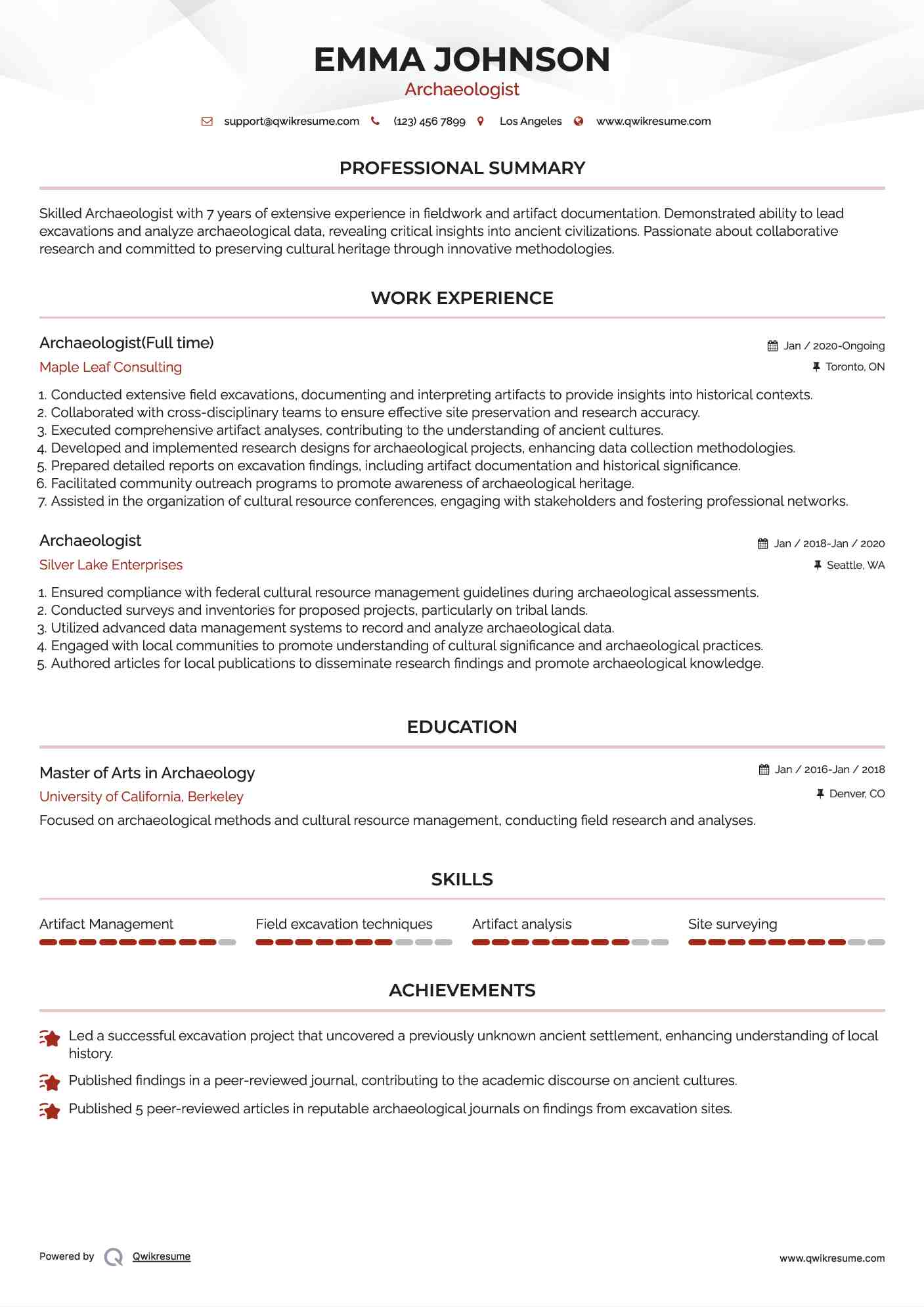 Archaeologist(Full time) Resume Sample