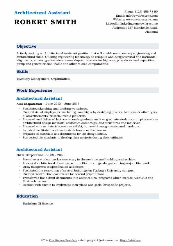 Architectural Assistant Resume Samples QwikResume