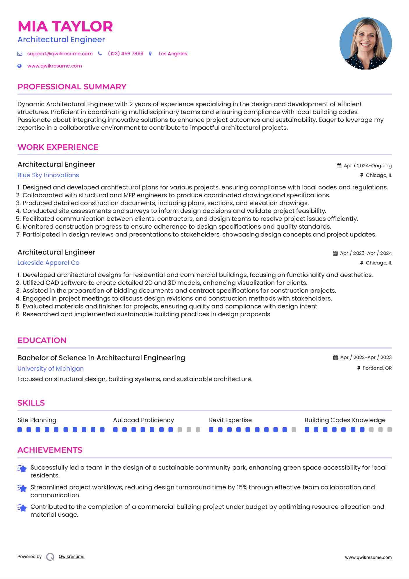 Architectural Engineer Resume Samples QwikResume