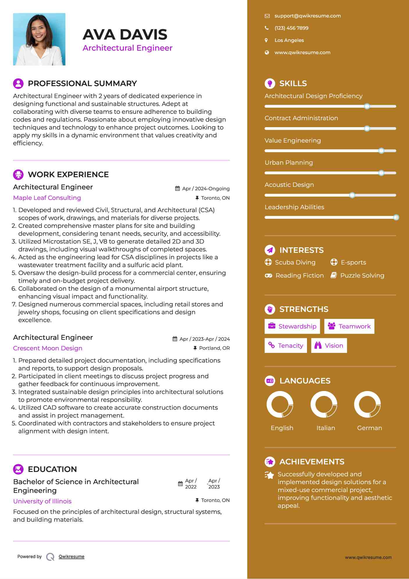 Architectural Engineer Resume Samples QwikResume