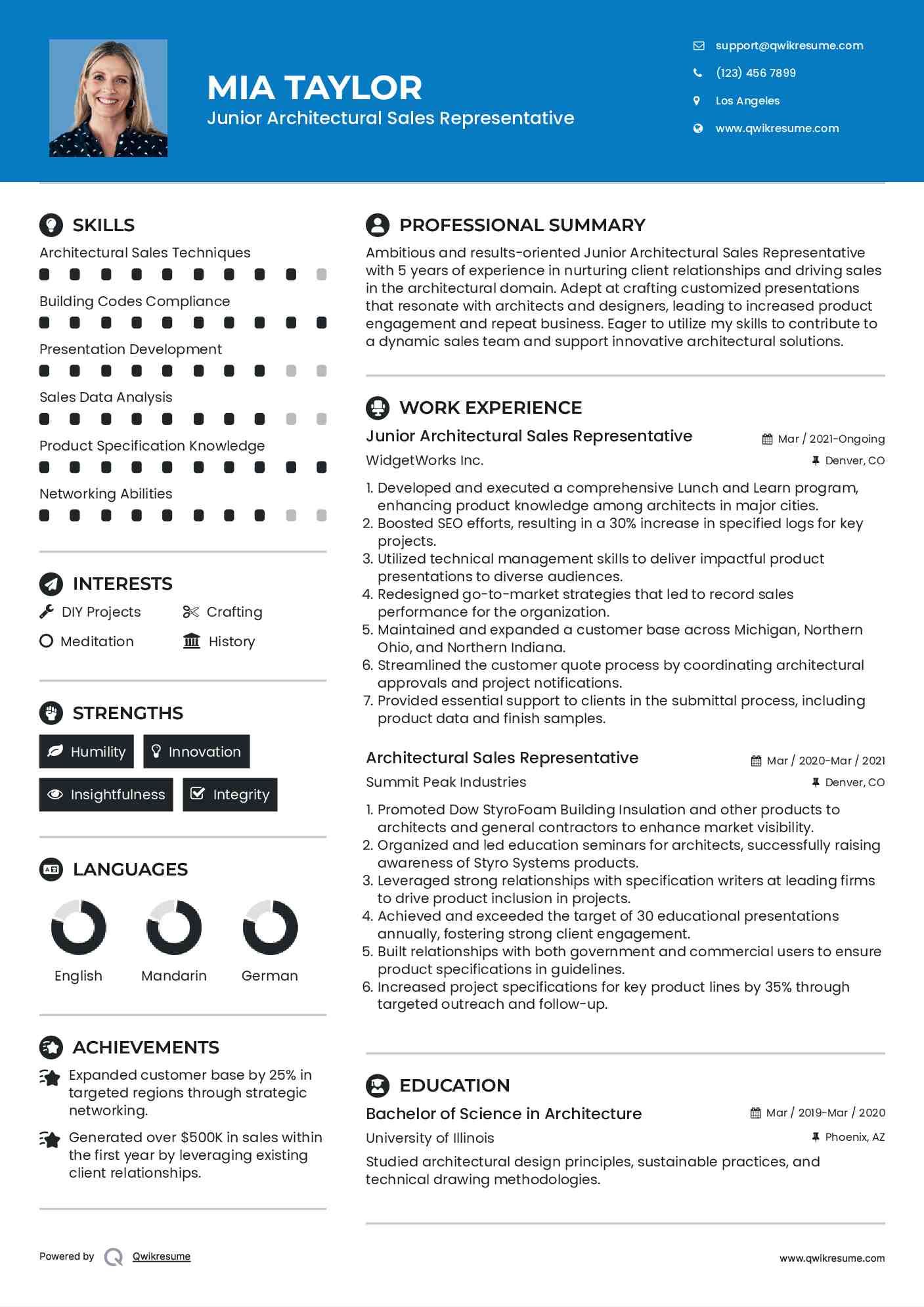 Junior Architectural Sales Representative Resume Sample