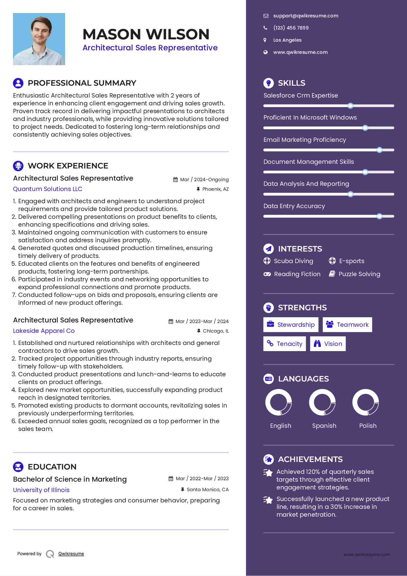 Architectural Sales Representative Resume Model