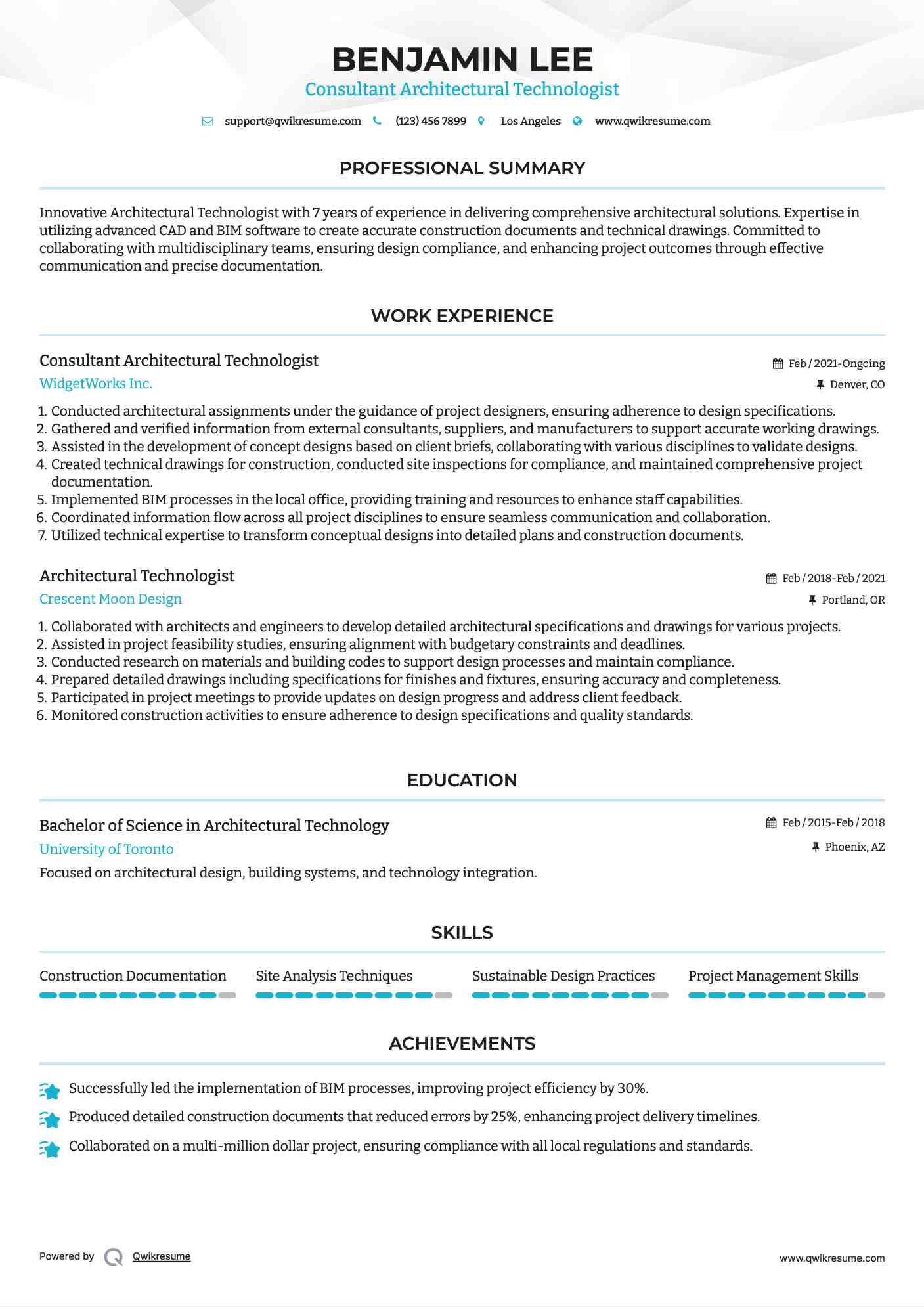 Consultant Architectural Technologist Resume Example