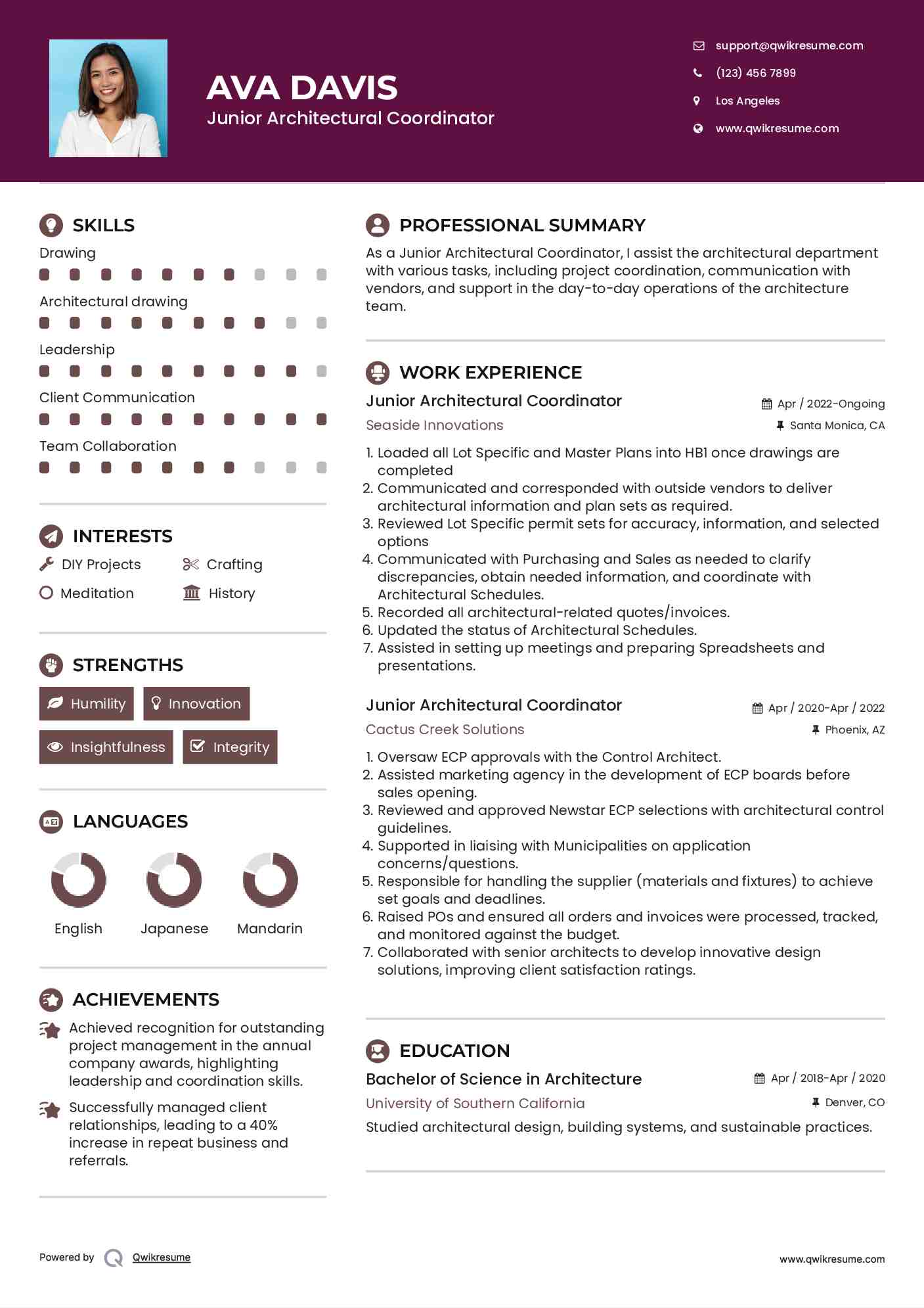 Junior Architectural Coordinator  Resume Example