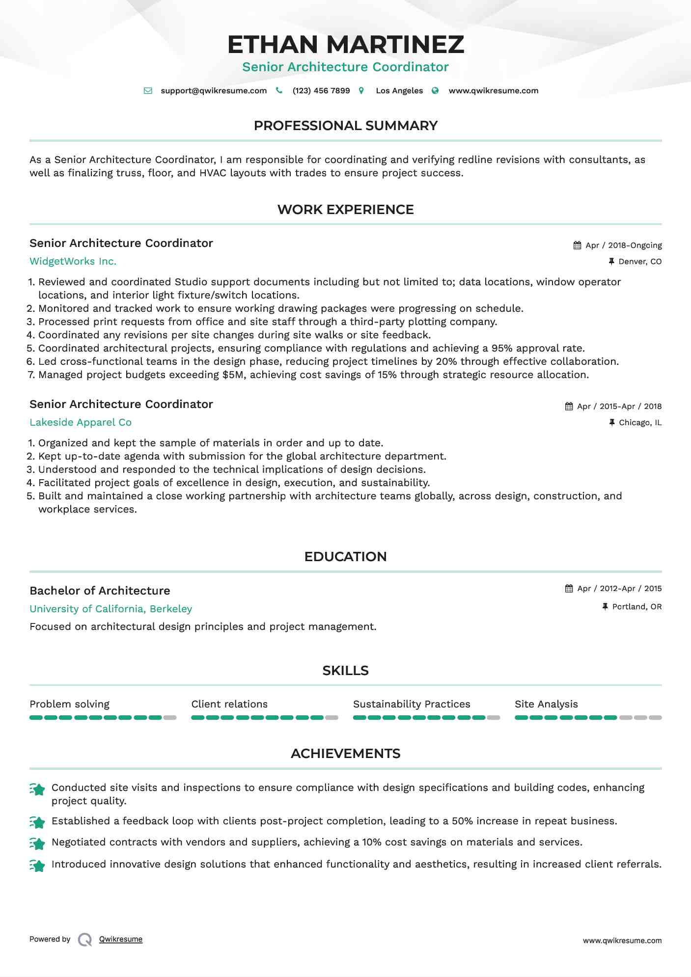 Senior Architecture Coordinator Resume Format