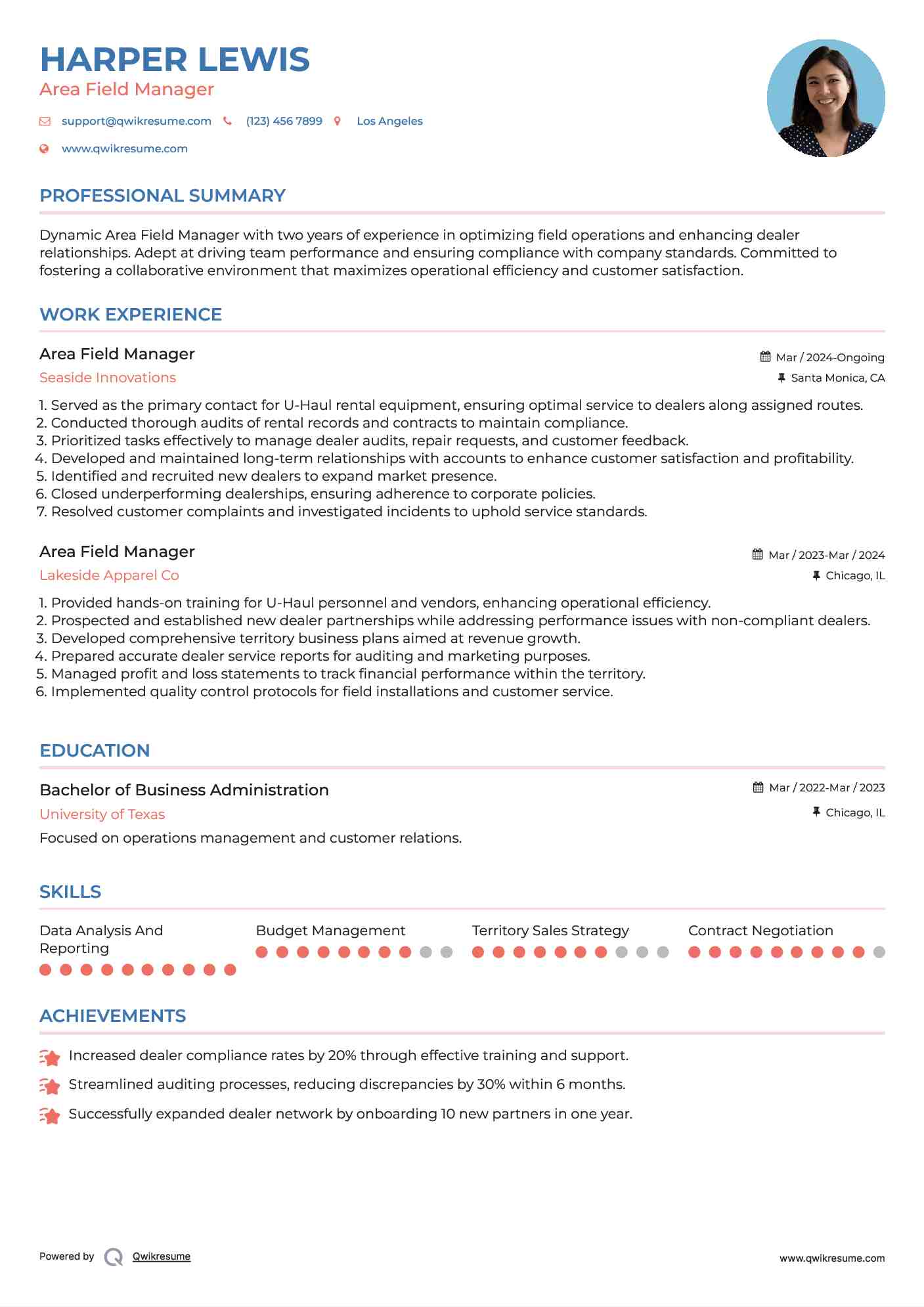 Area Field Manager Resume Model