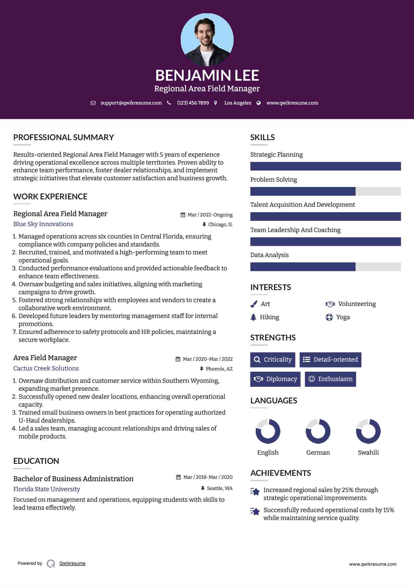 Regional Area Field Manager Resume Example
