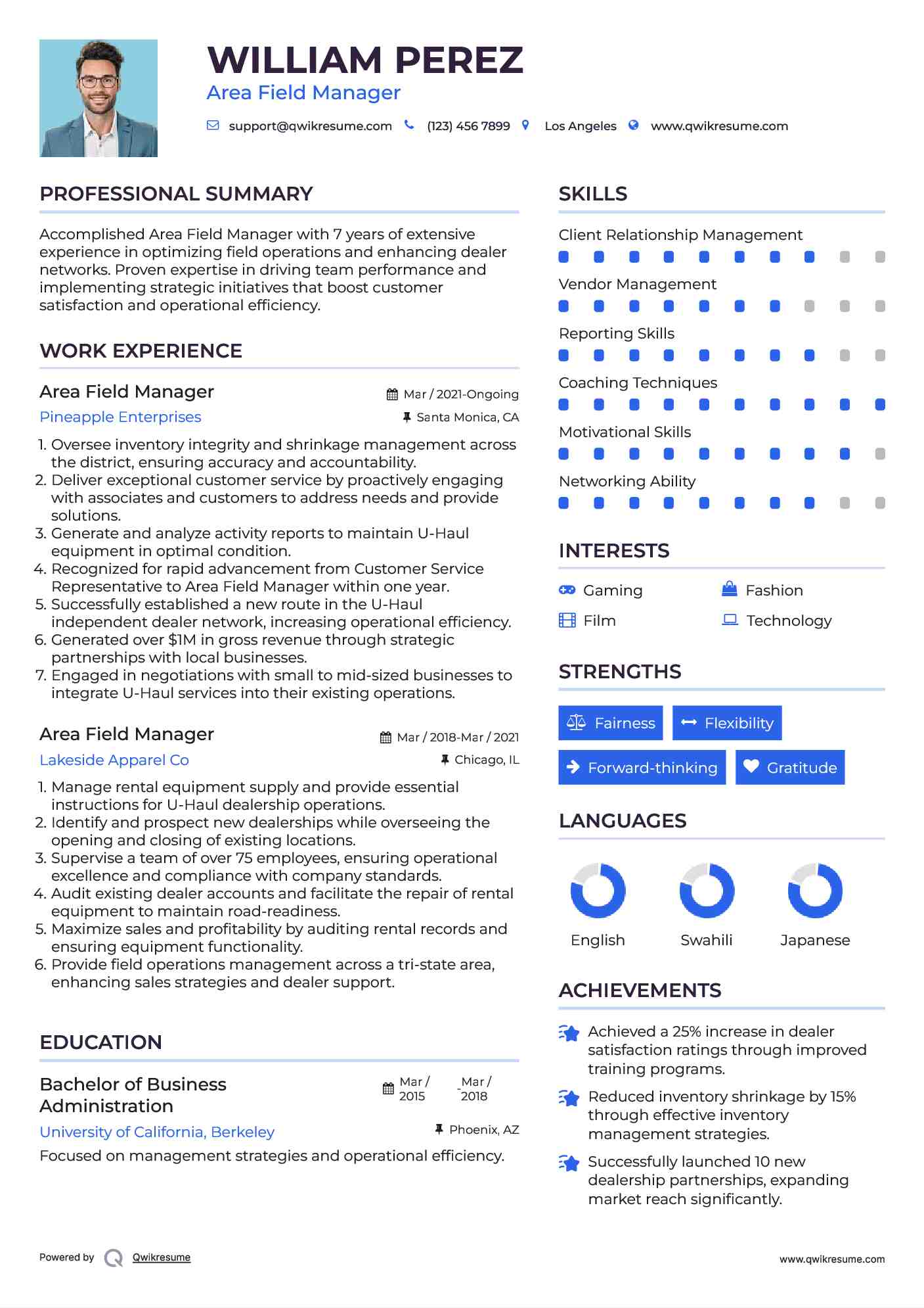 Area Field Manager Resume Model