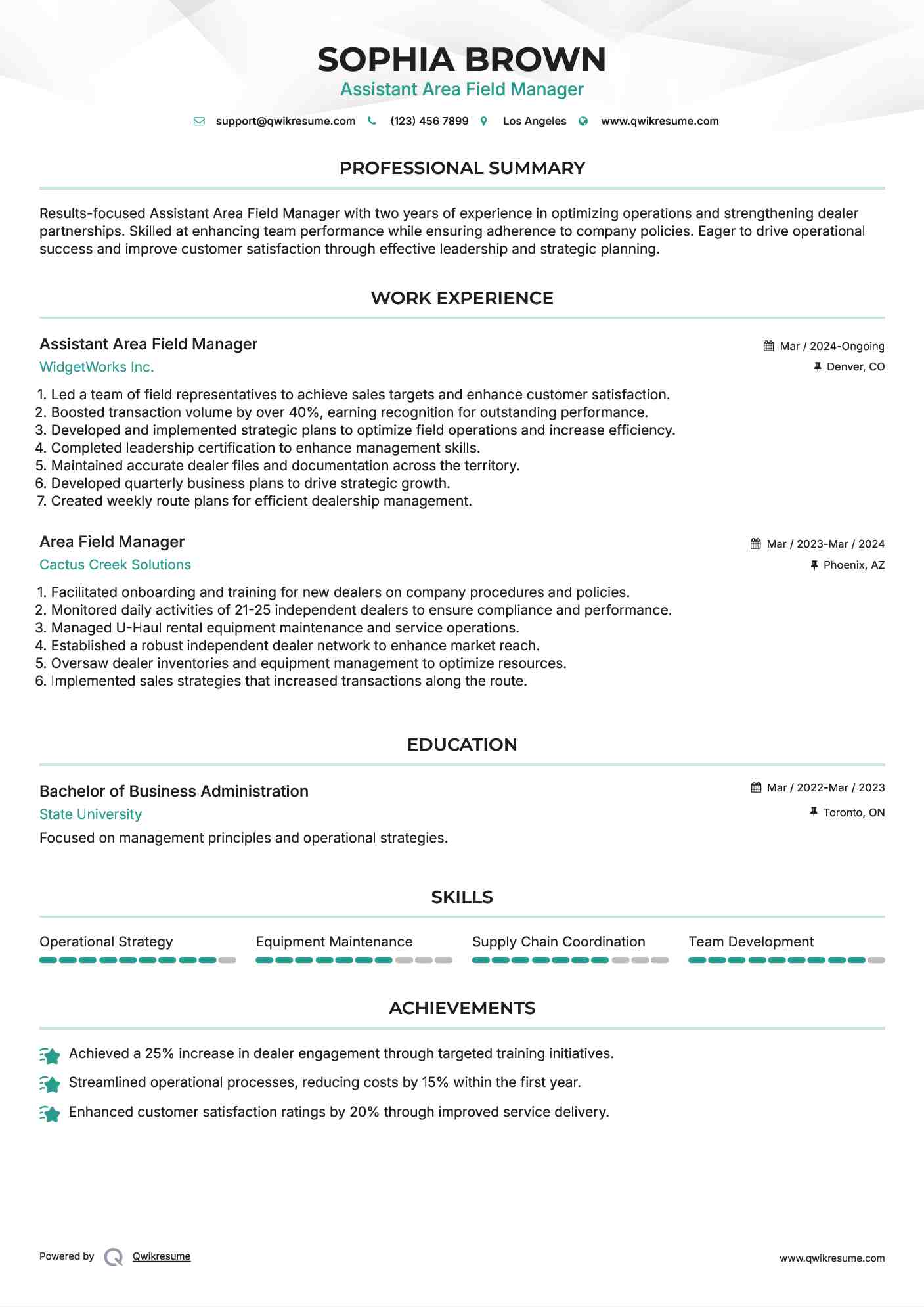 Assistant Area Field Manager Resume Model