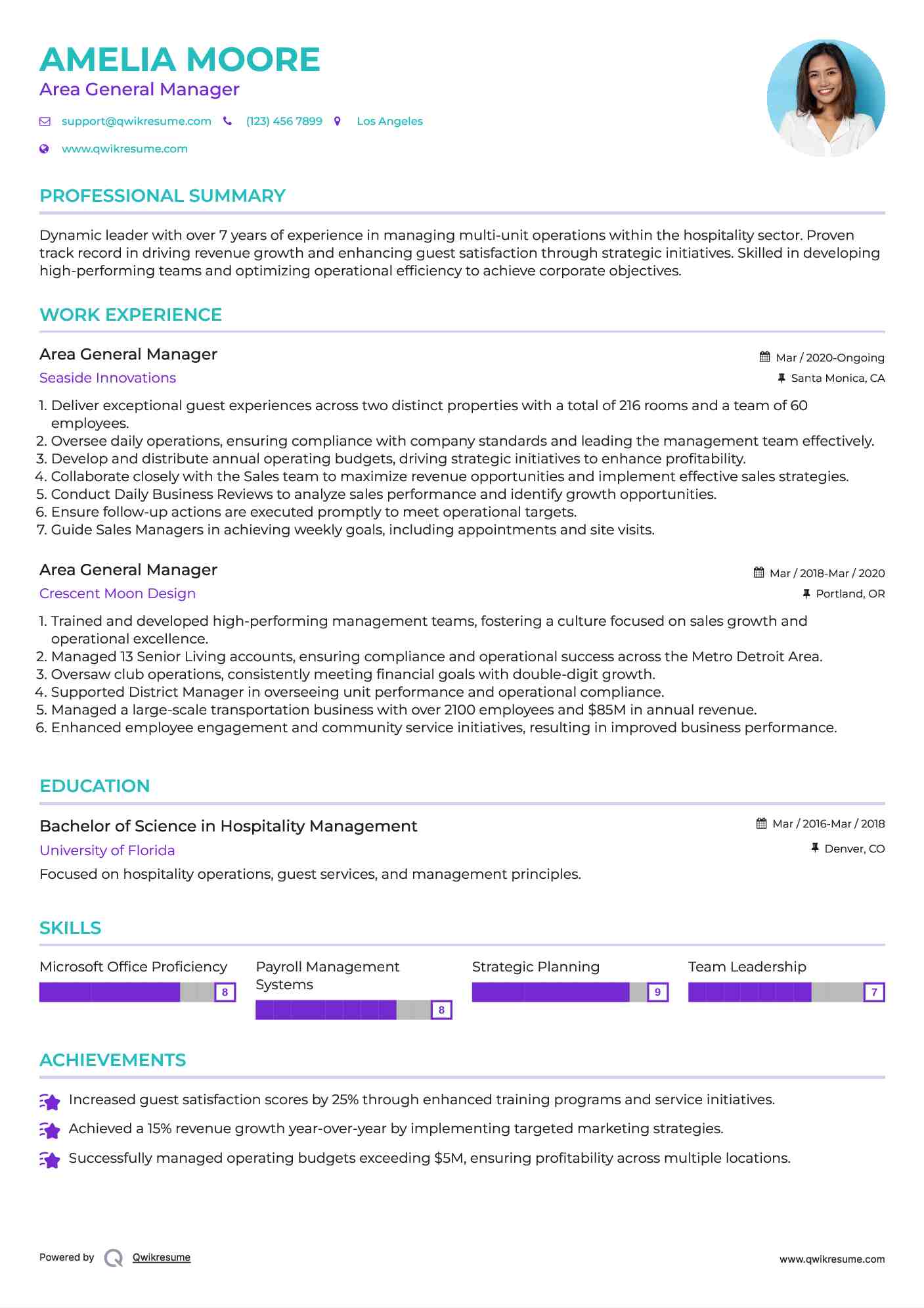 Area General Manager Resume Sample