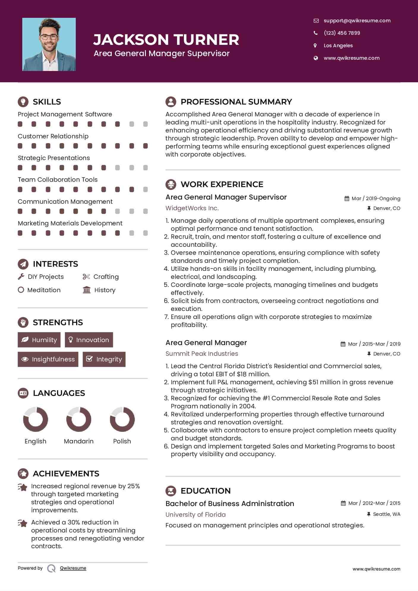 Area General Manager Supervisor Resume Example