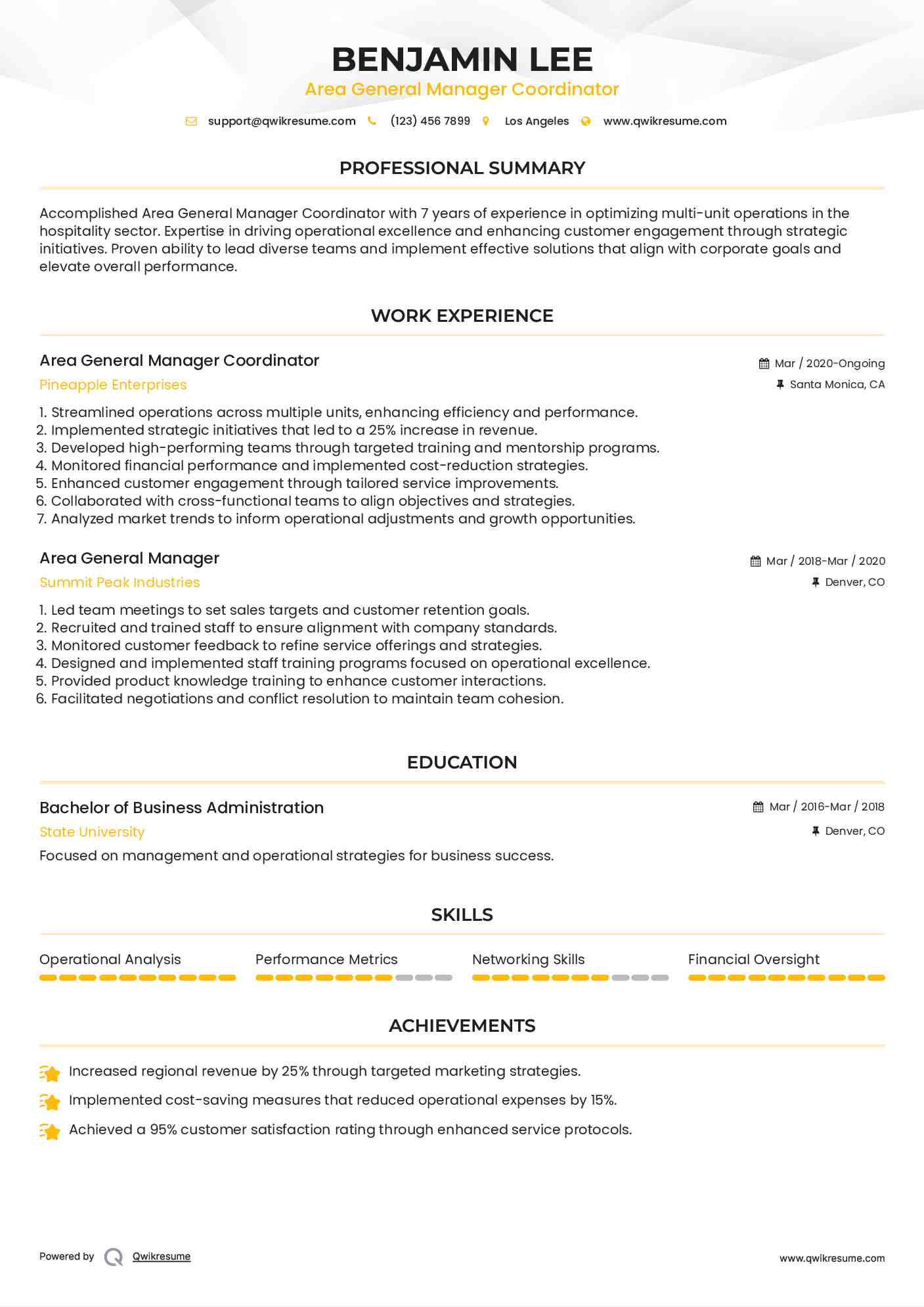 Area General Manager Coordinator Resume Sample