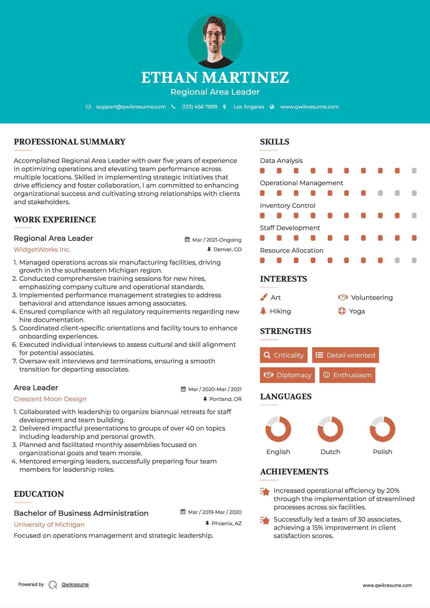 Regional Area Leader Resume Sample