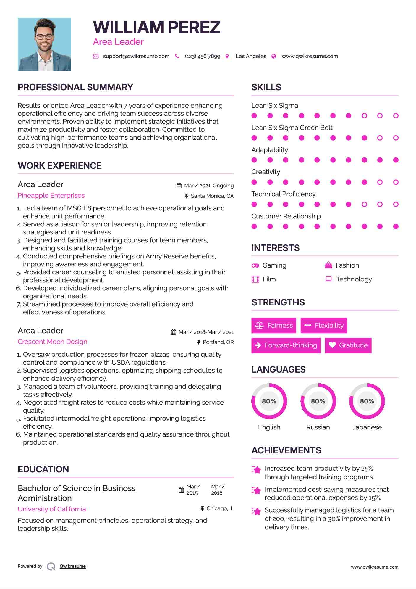 Area Leader Resume Sample