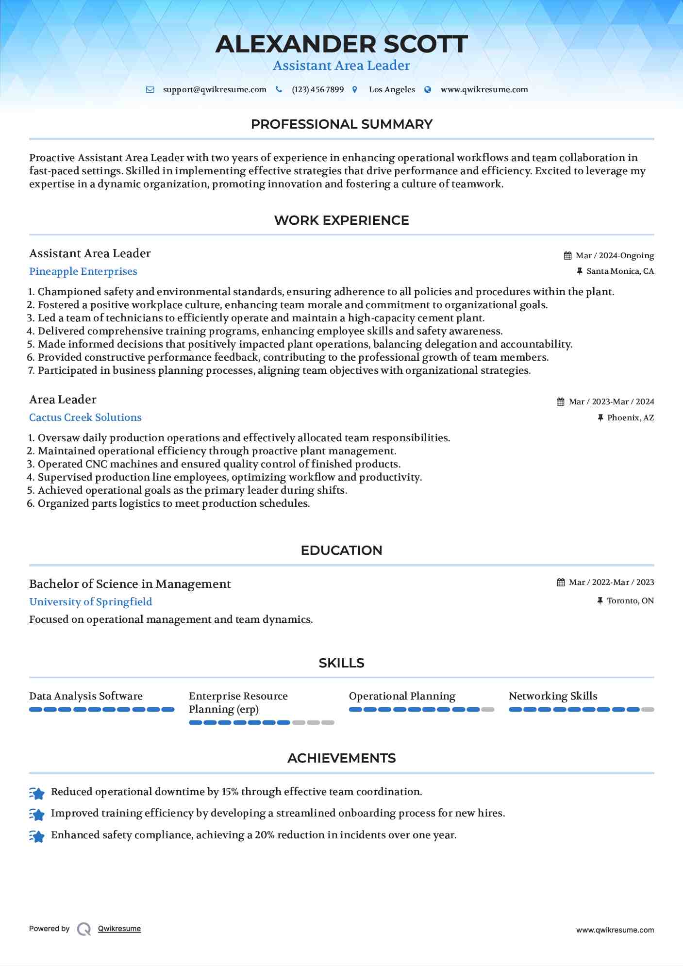 Assistant Area Leader Resume Model