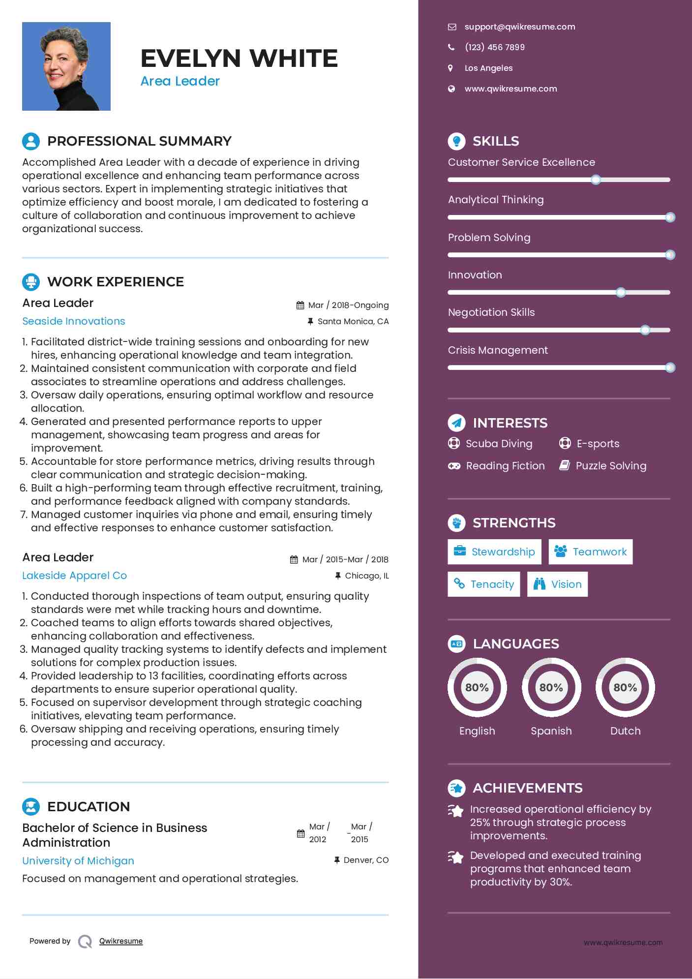 Area Leader Resume Model