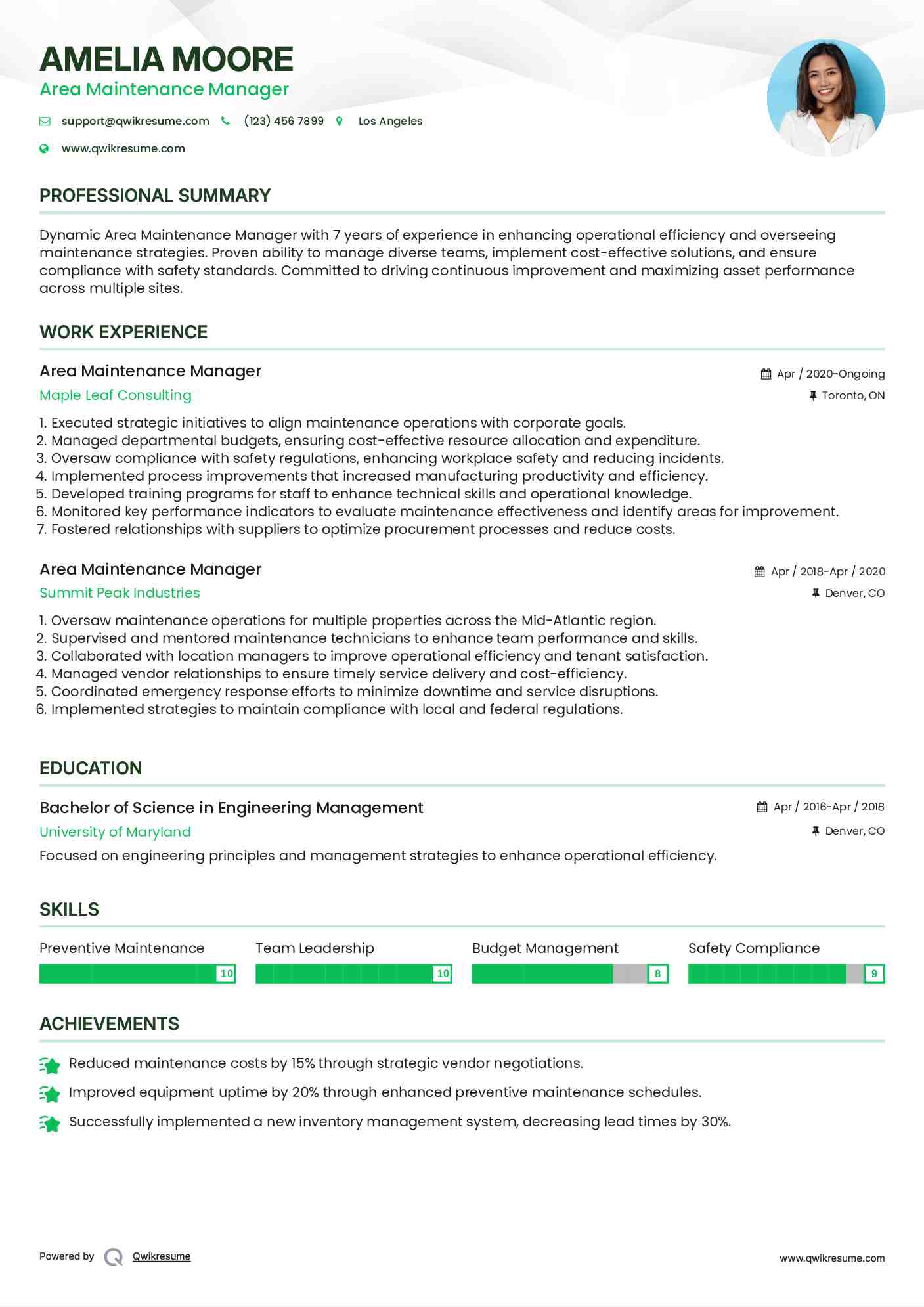 Area Maintenance Manager Resume Model