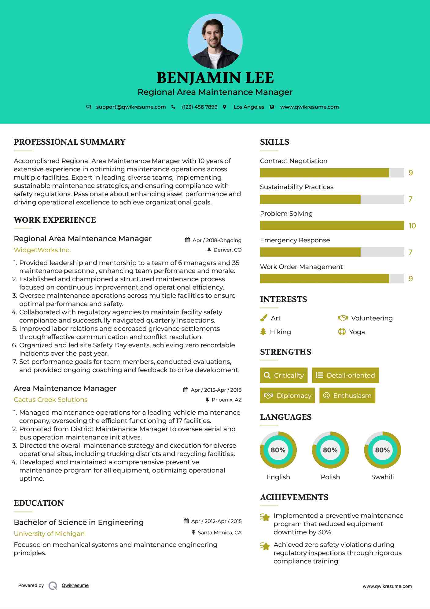 Regional Area Maintenance Manager Resume Template