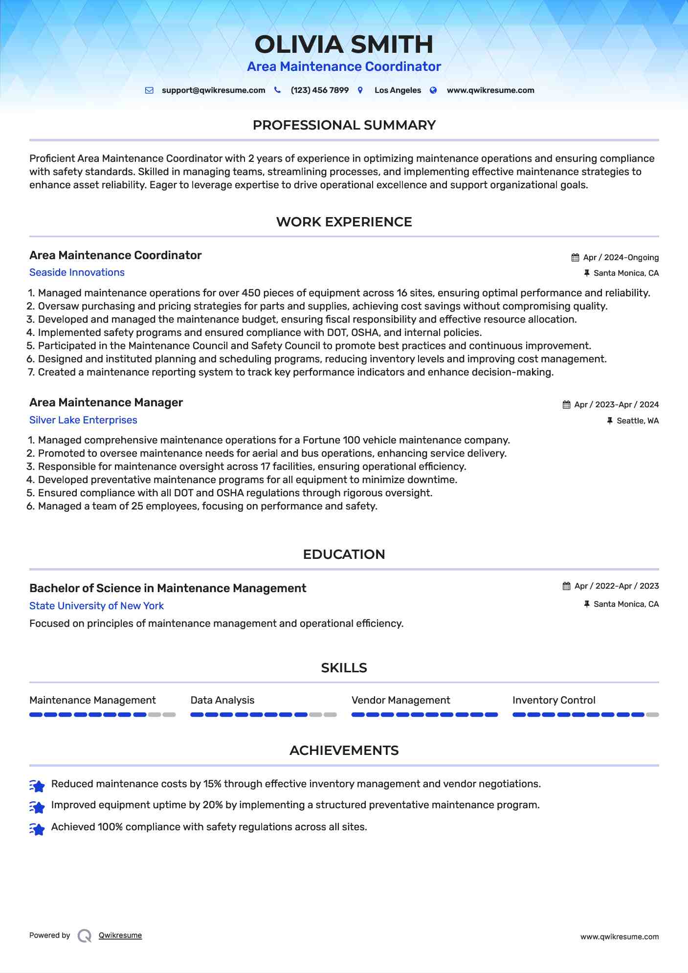 Area Maintenance Coordinator Resume Example