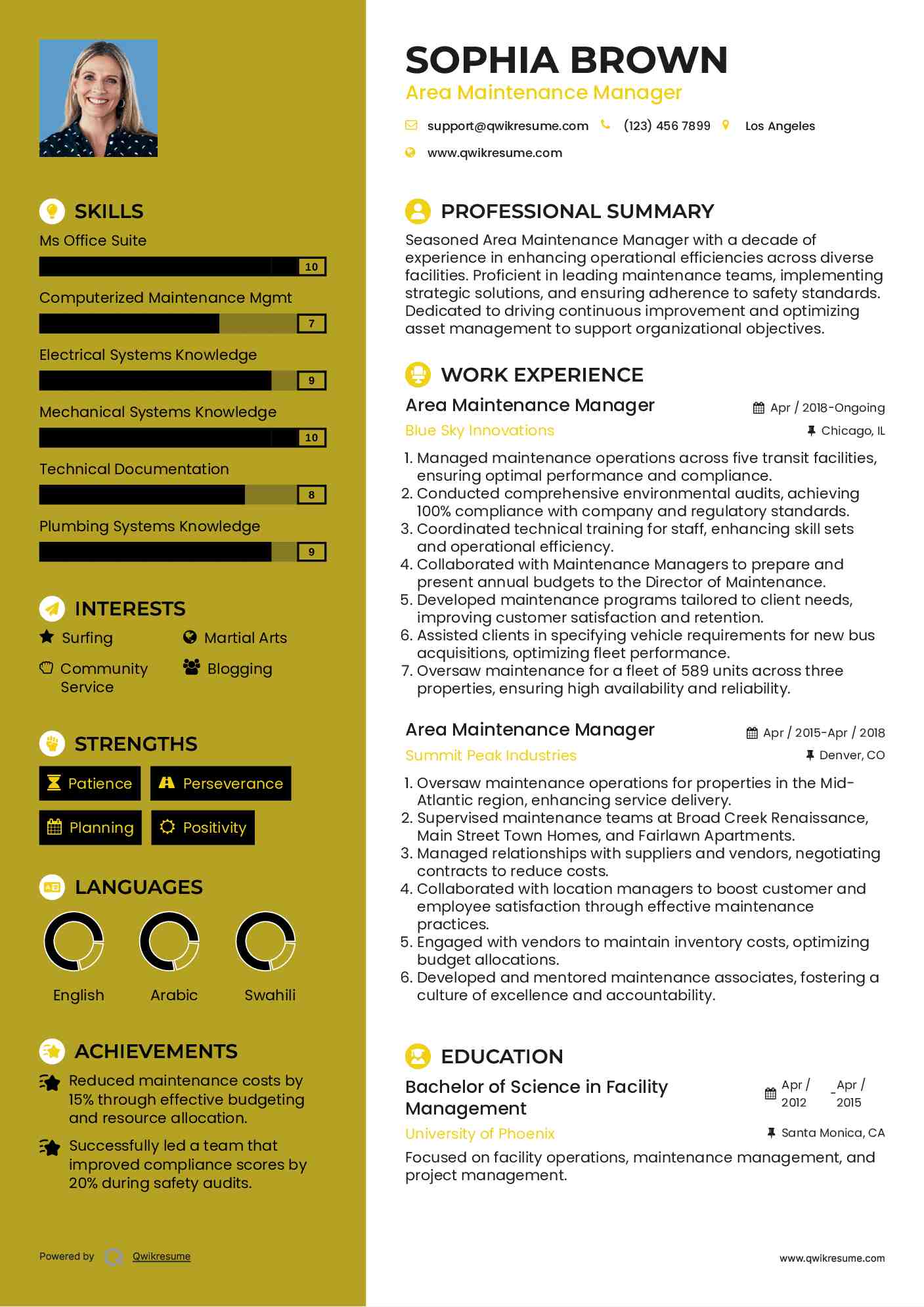 Area Maintenance Manager Resume Template