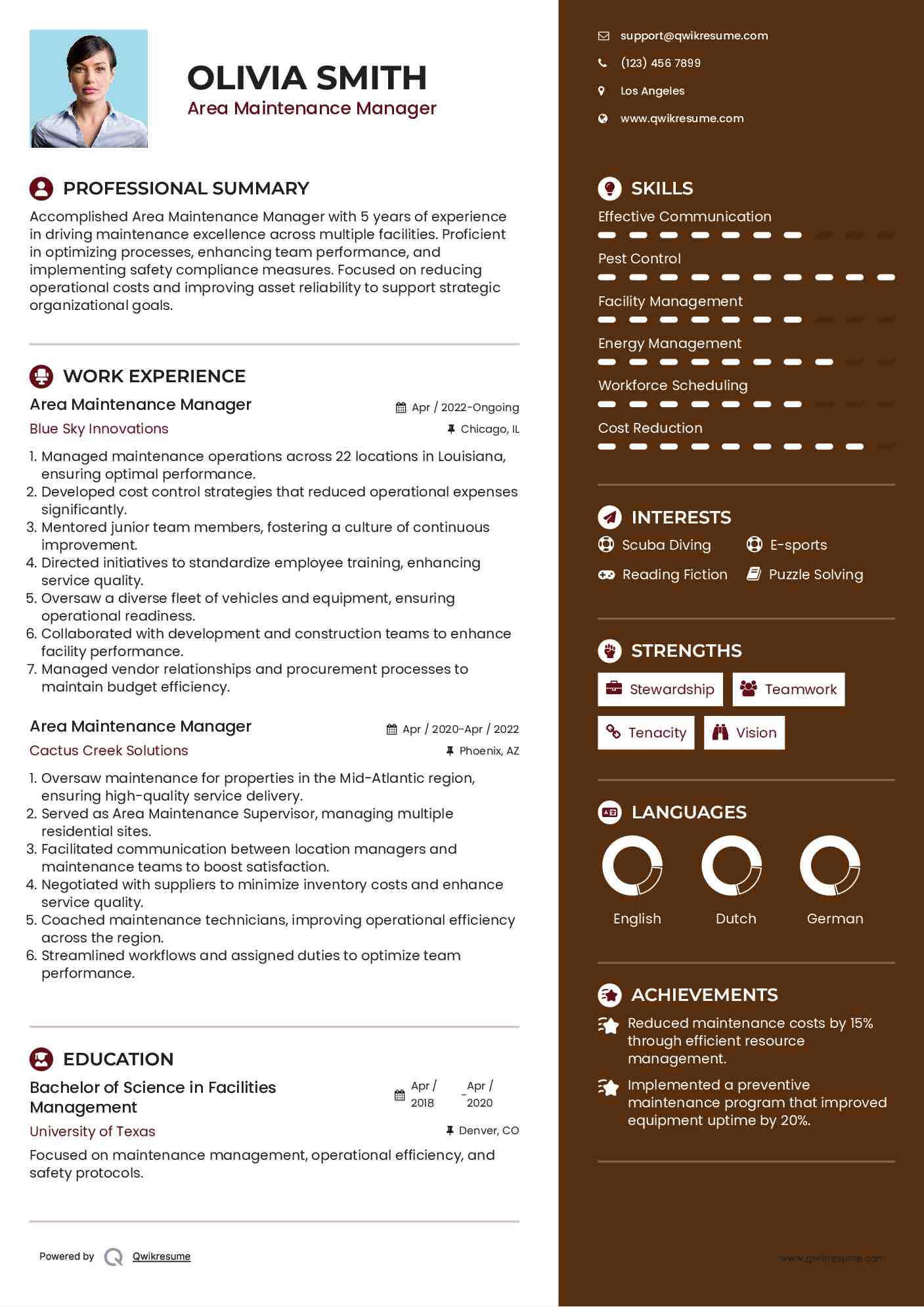 Area Maintenance Manager Resume Format