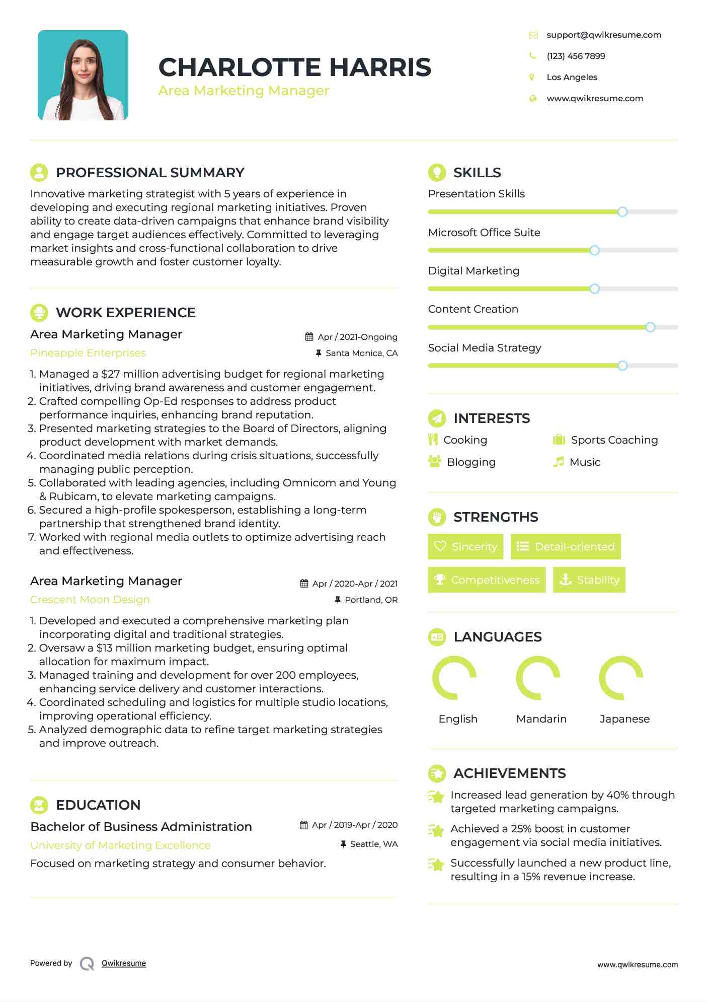 Area Marketing Manager Resume Model