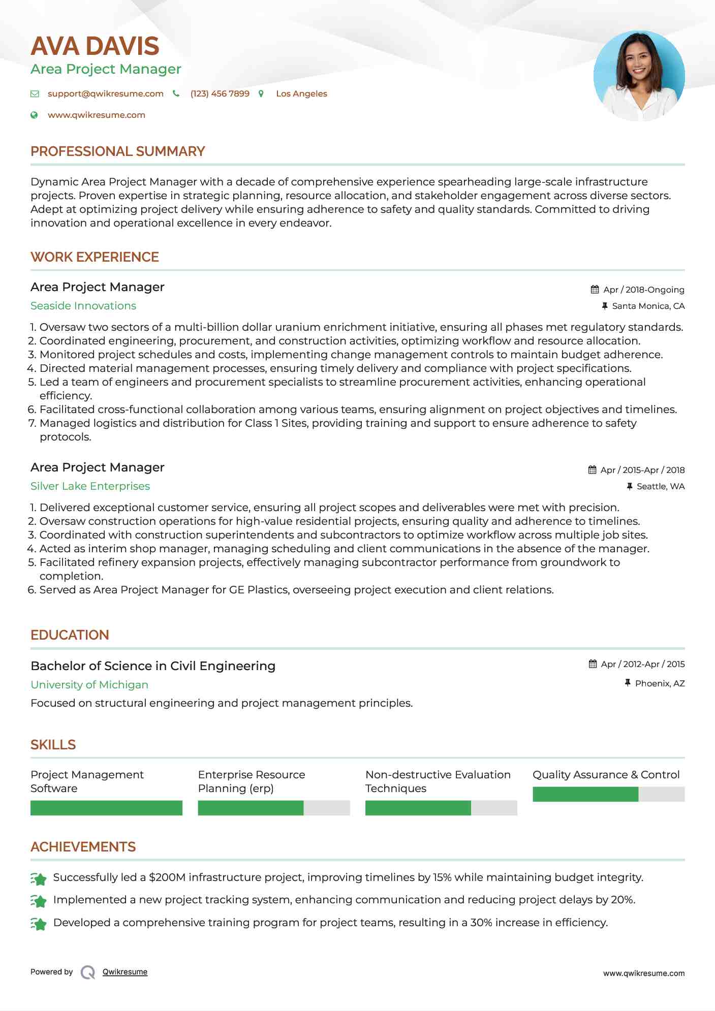 Area Project Manager Resume Model