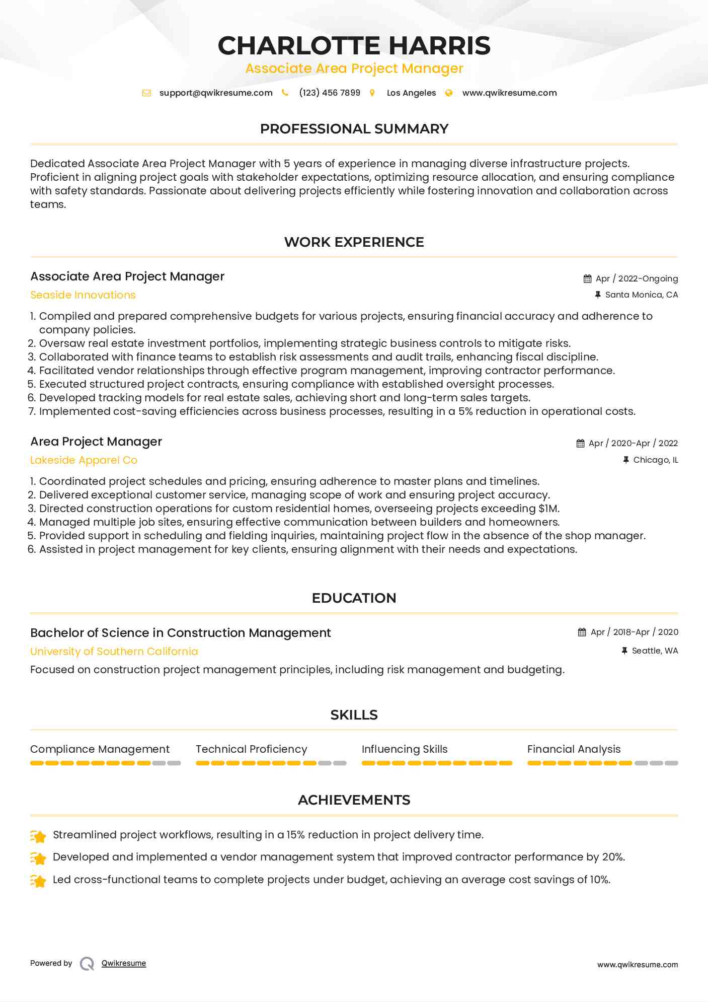 Associate Area Project Manager Resume Sample