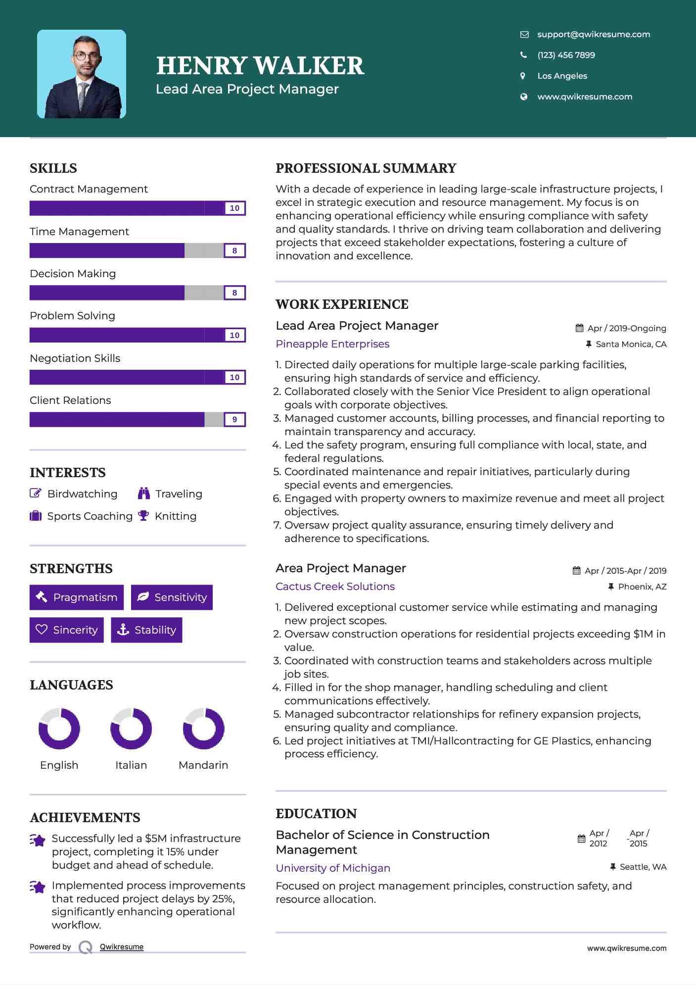 Lead Area Project Manager Resume Format