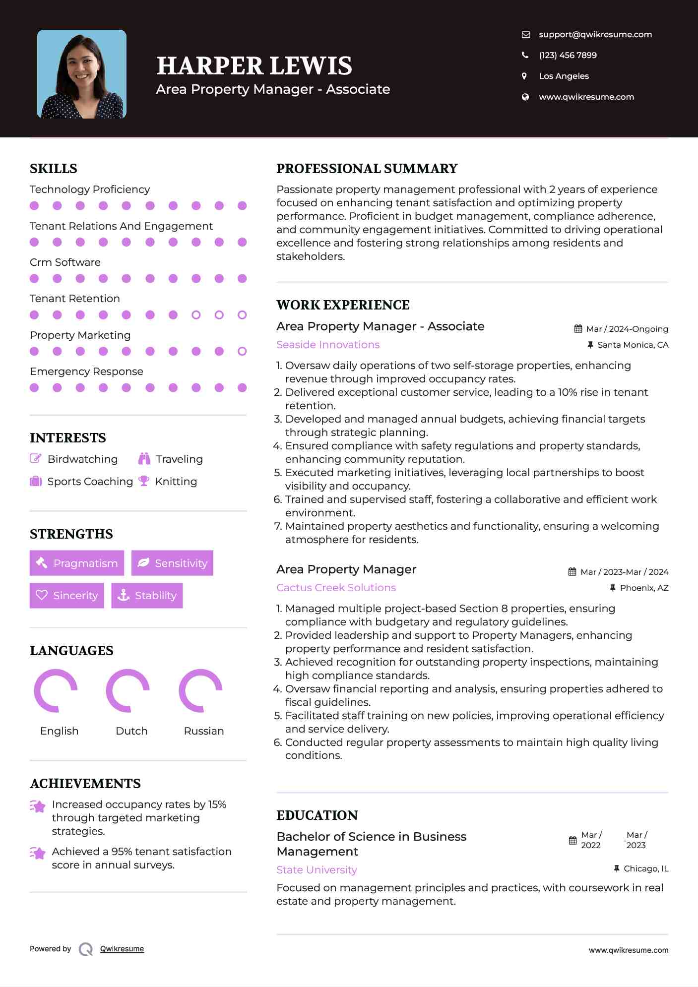 Area Property Manager - Associate Resume Sample