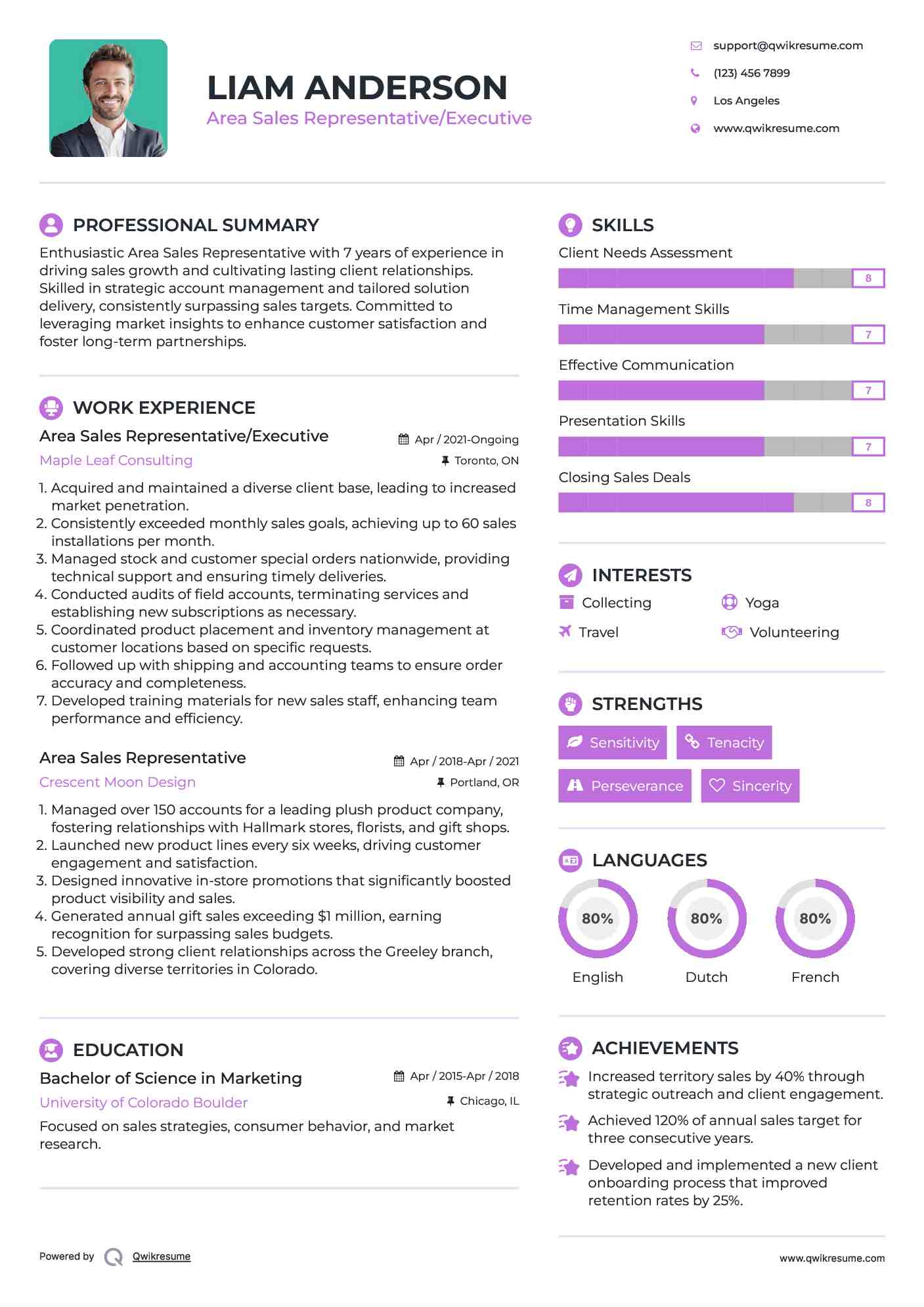 Area Sales Representative/Executive Resume Model