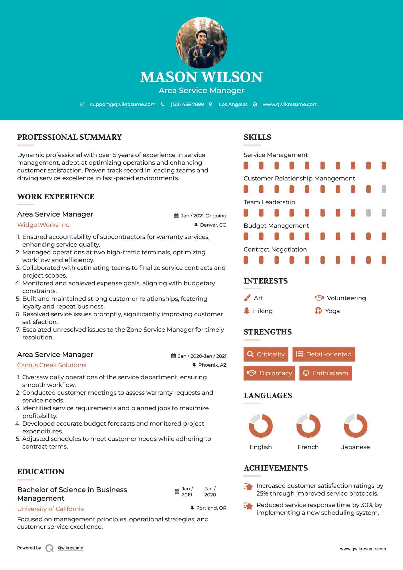 Area Service Manager Resume Format