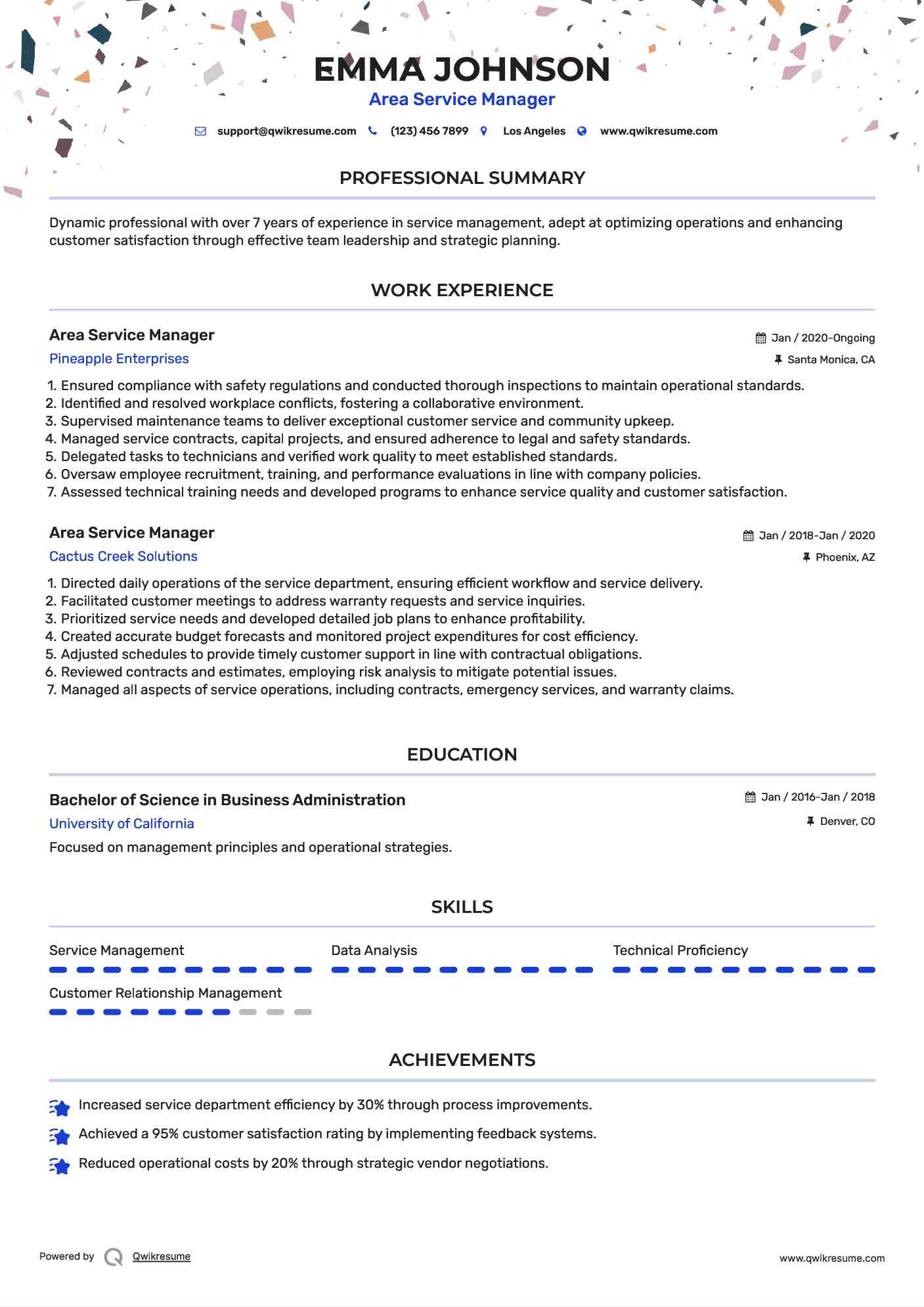 Area Service Manager Resume Model