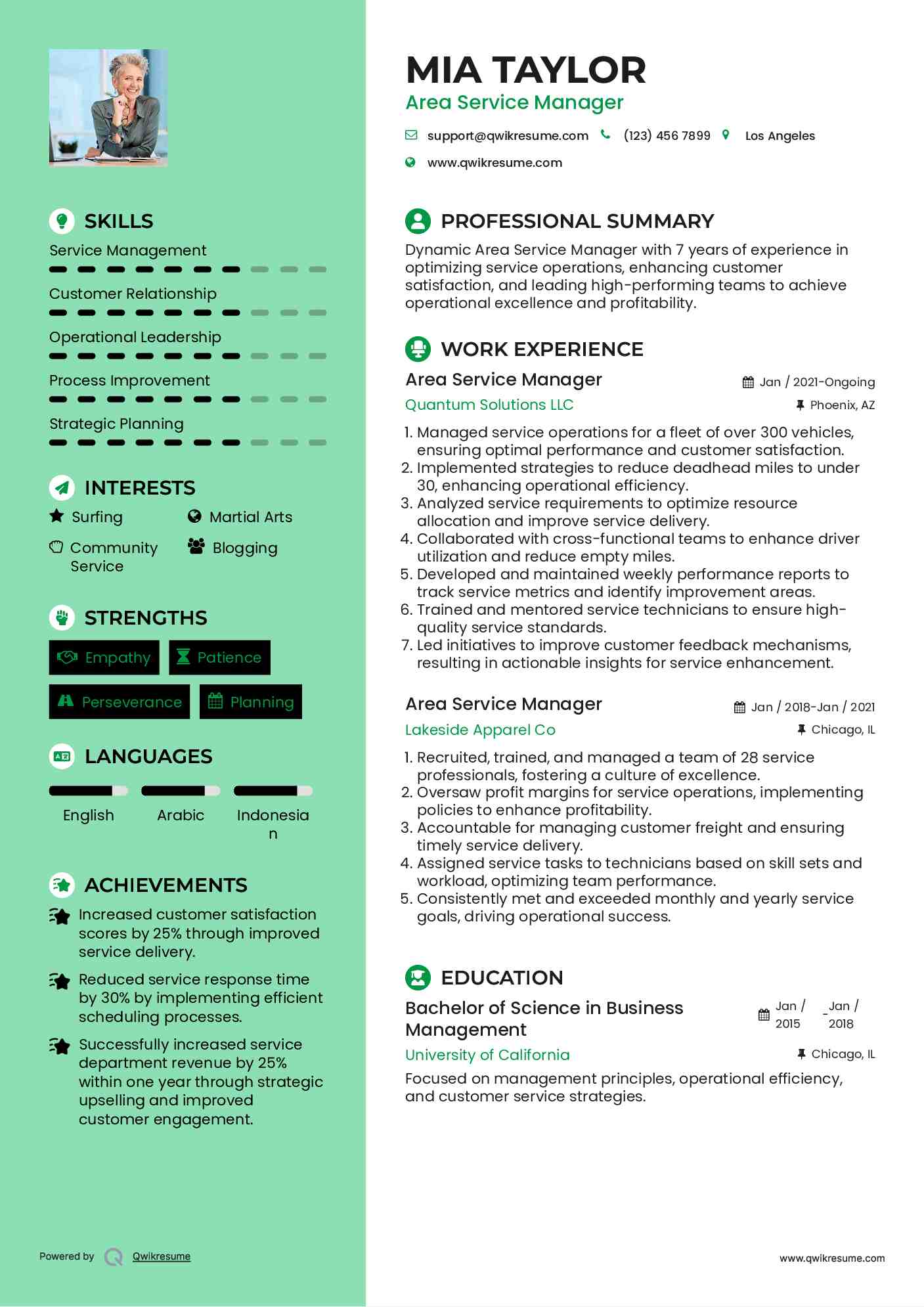 Area Service Manager Resume Sample