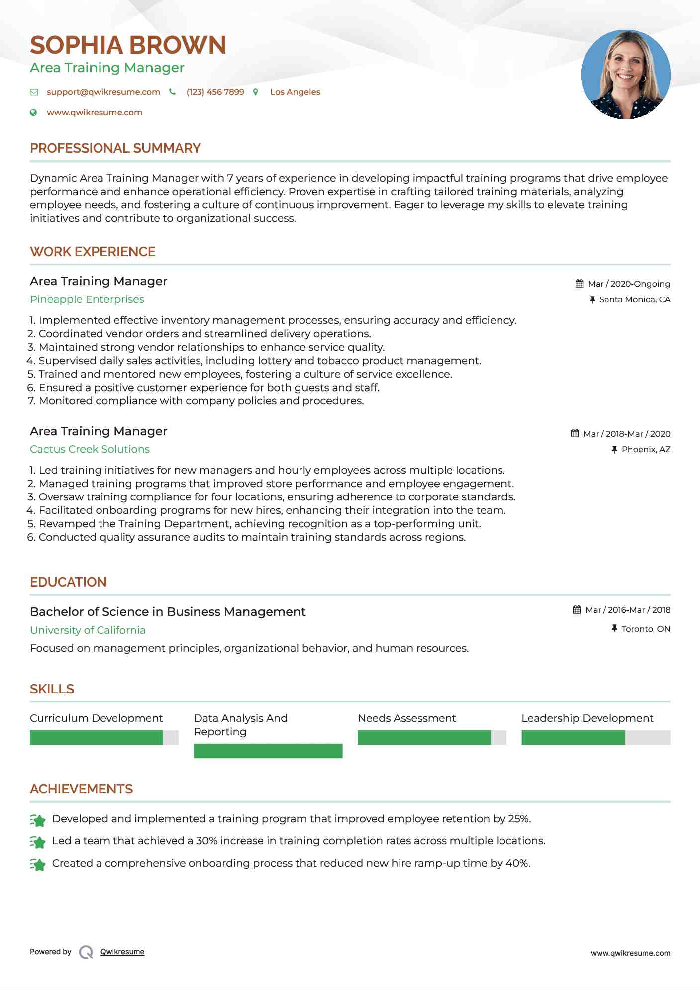 Area Training Manager Resume Model