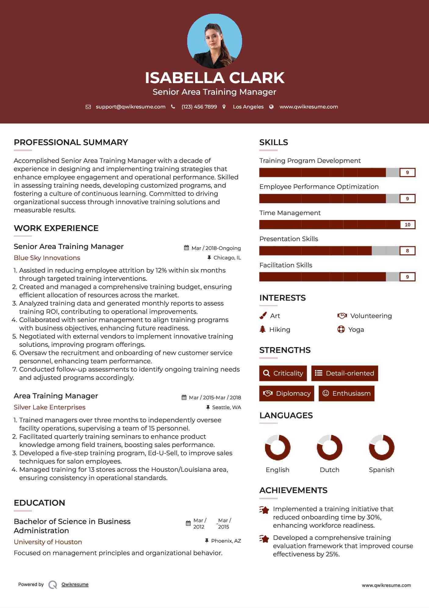 Senior Area Training Manager Resume Sample
