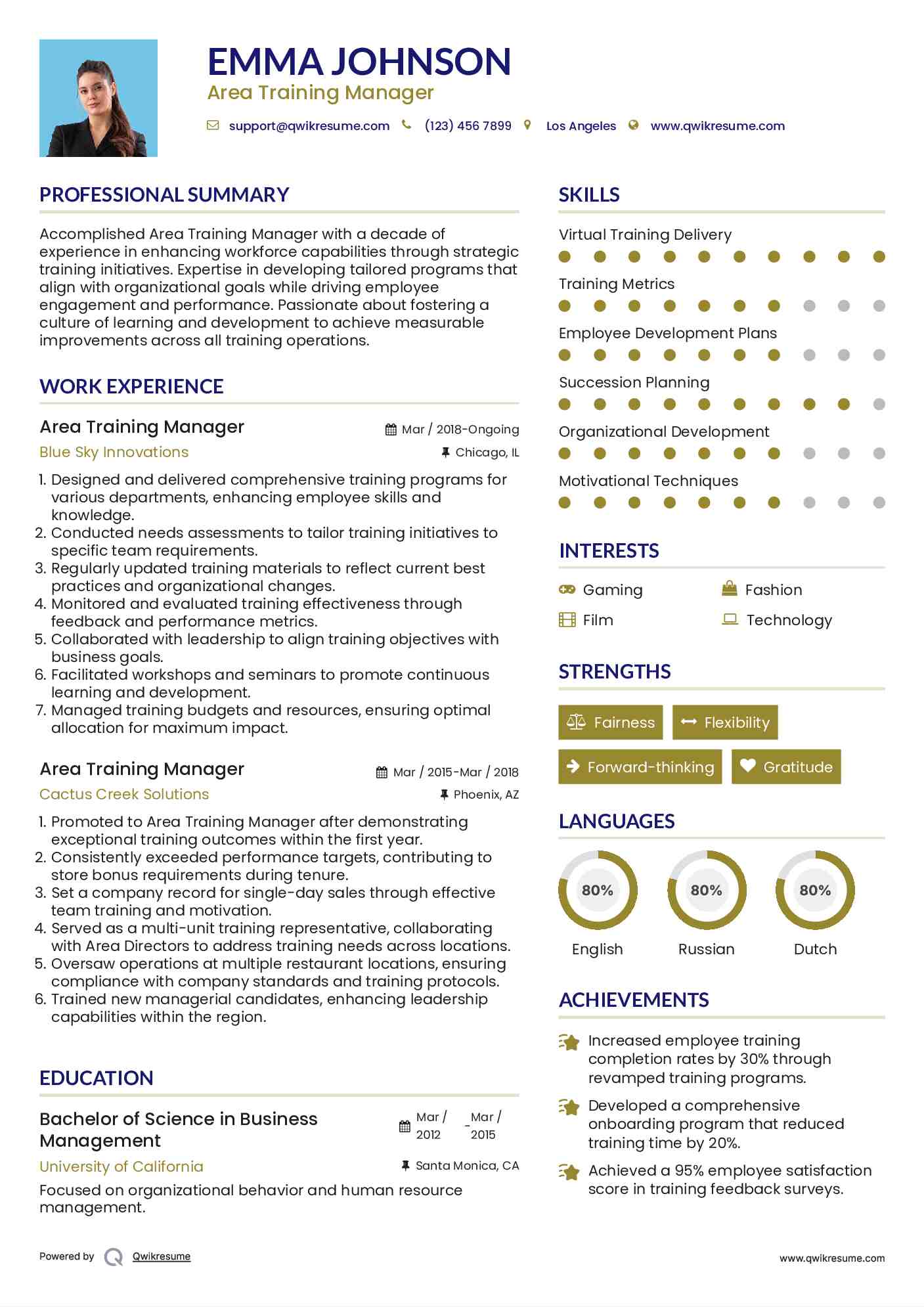 Area Training Manager Resume Format