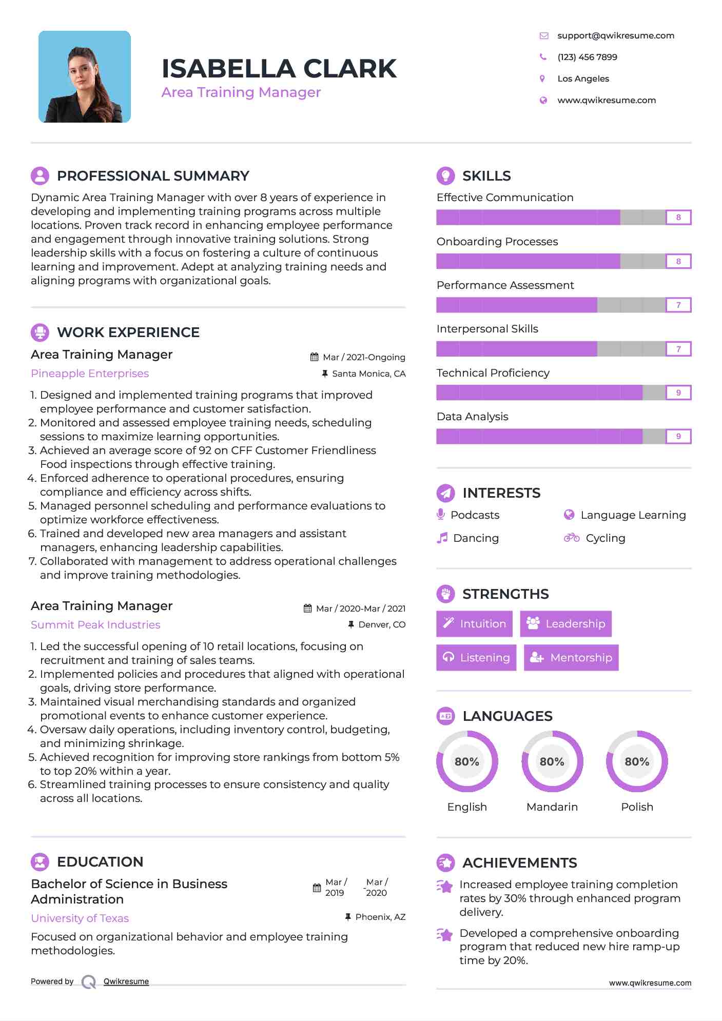 Area Training Manager Resume Model