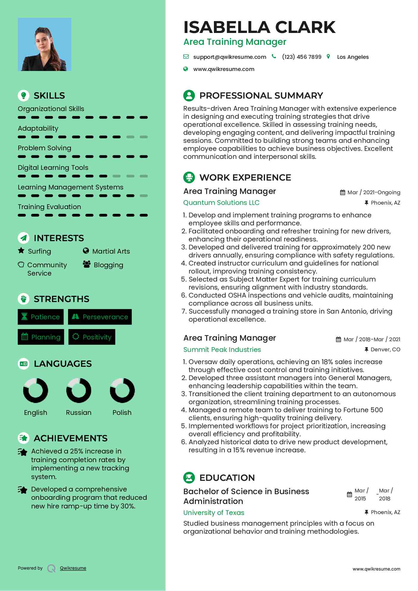 Area Training Manager Resume Sample