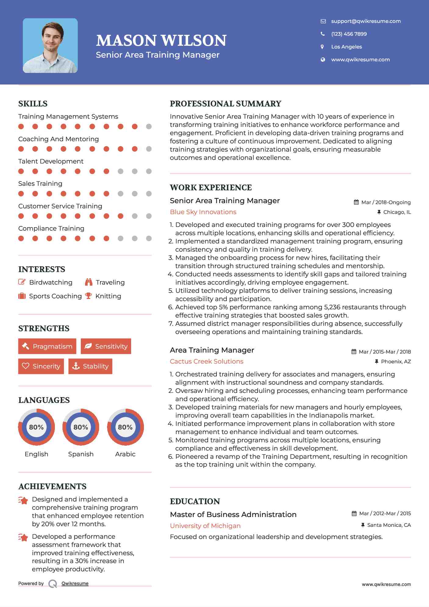 Senior Area Training Manager Resume Example