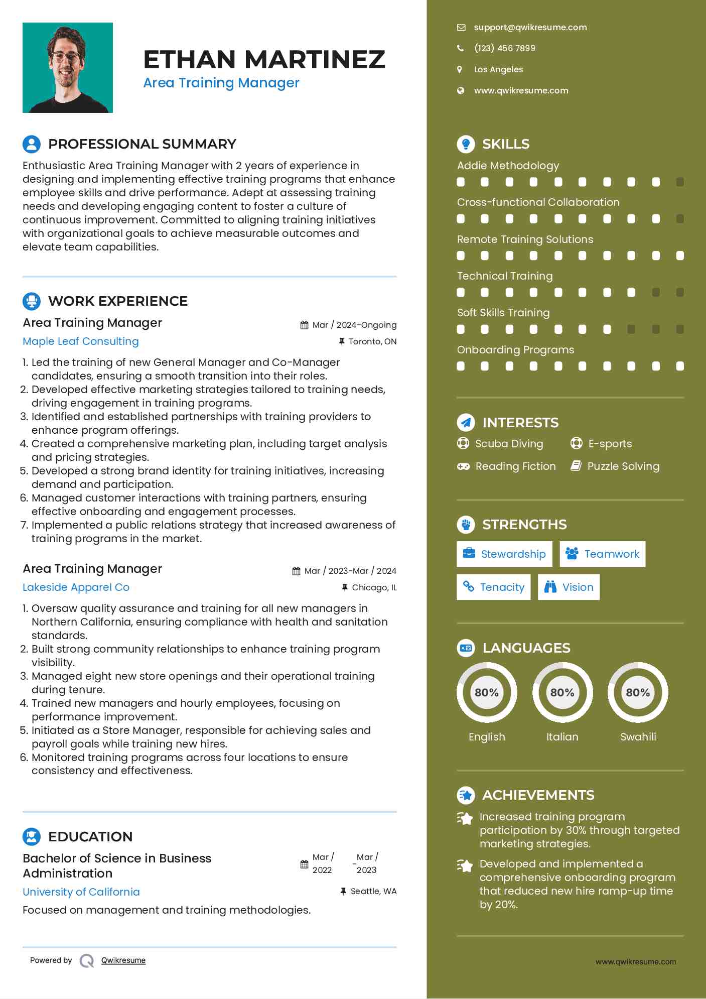 Area Training Manager Resume Format