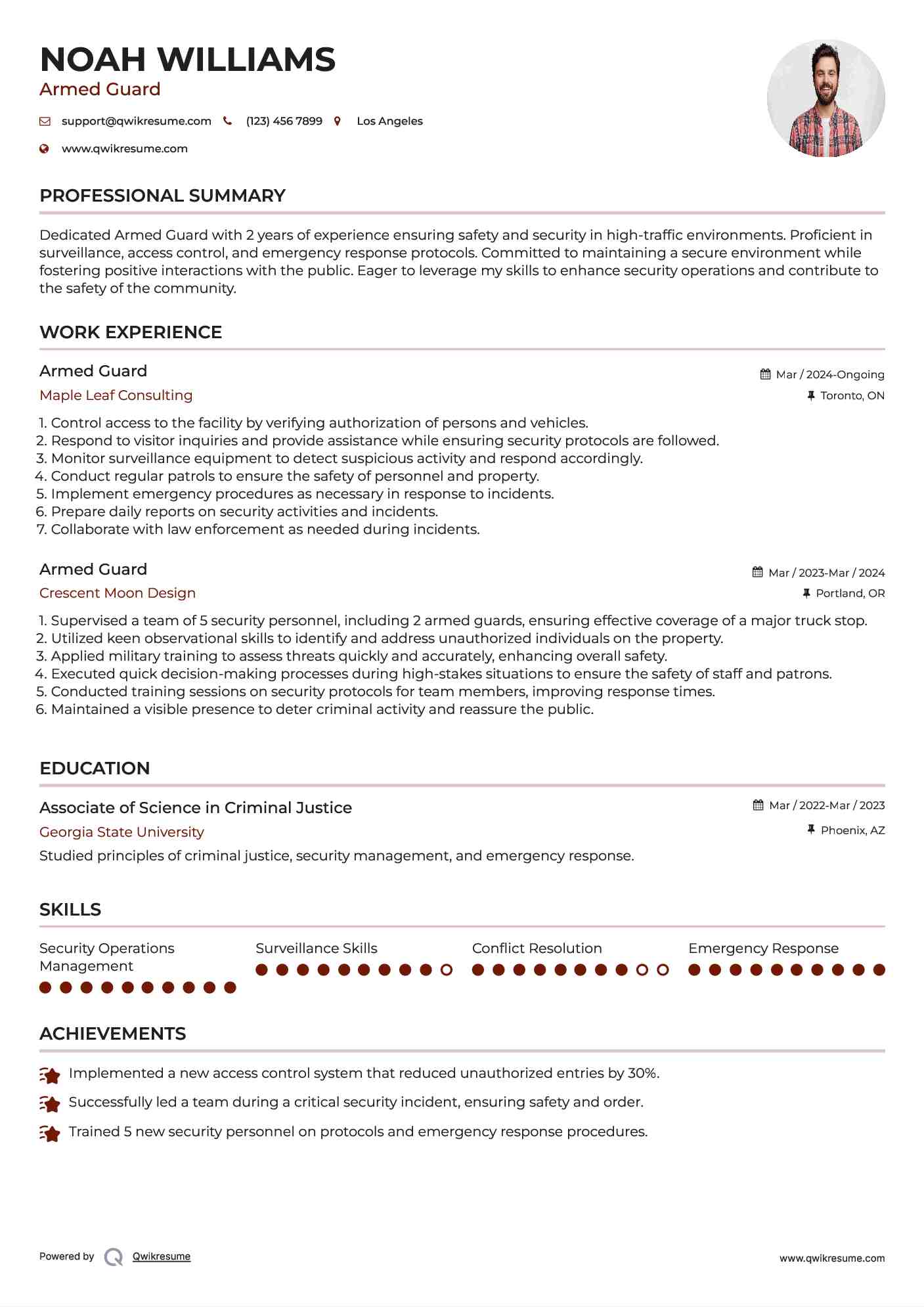 Armed Guard Resume Model