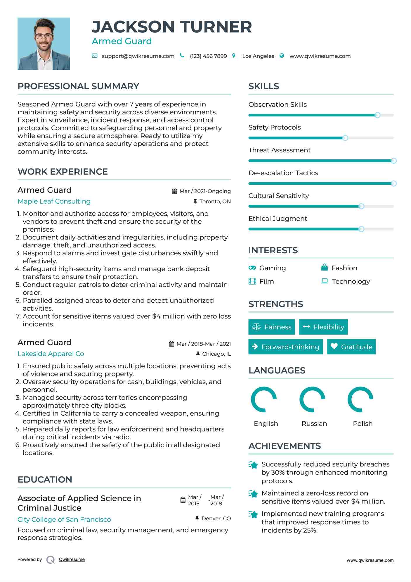 Armed Guard Resume Template