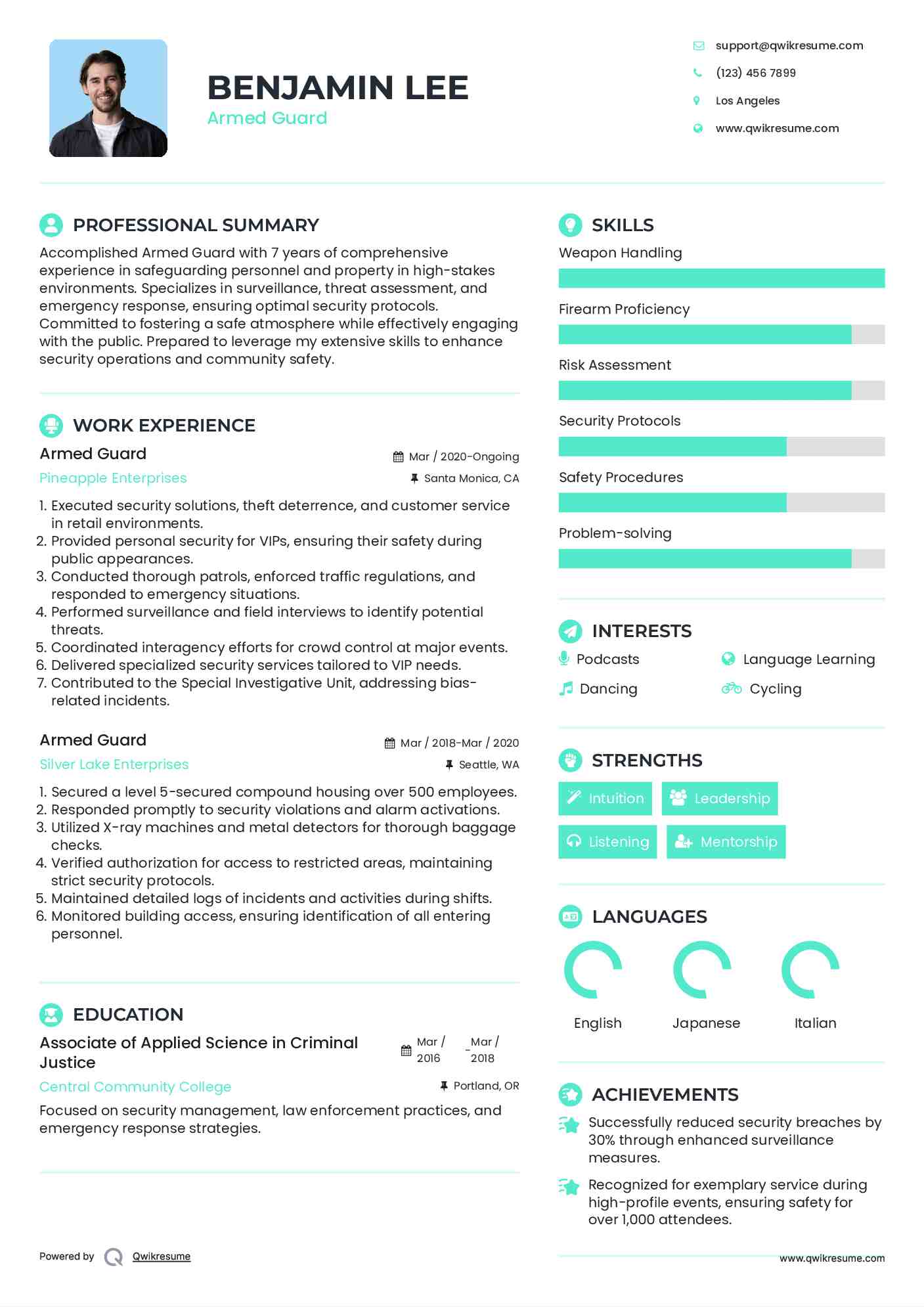 Armed Guard Resume Samples QwikResume